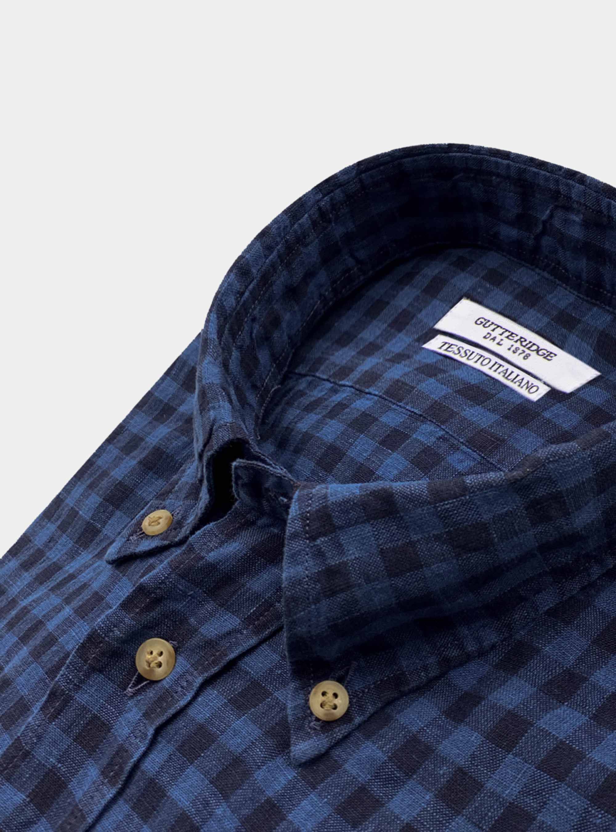 Camicia collo button down in puro lino, BLU