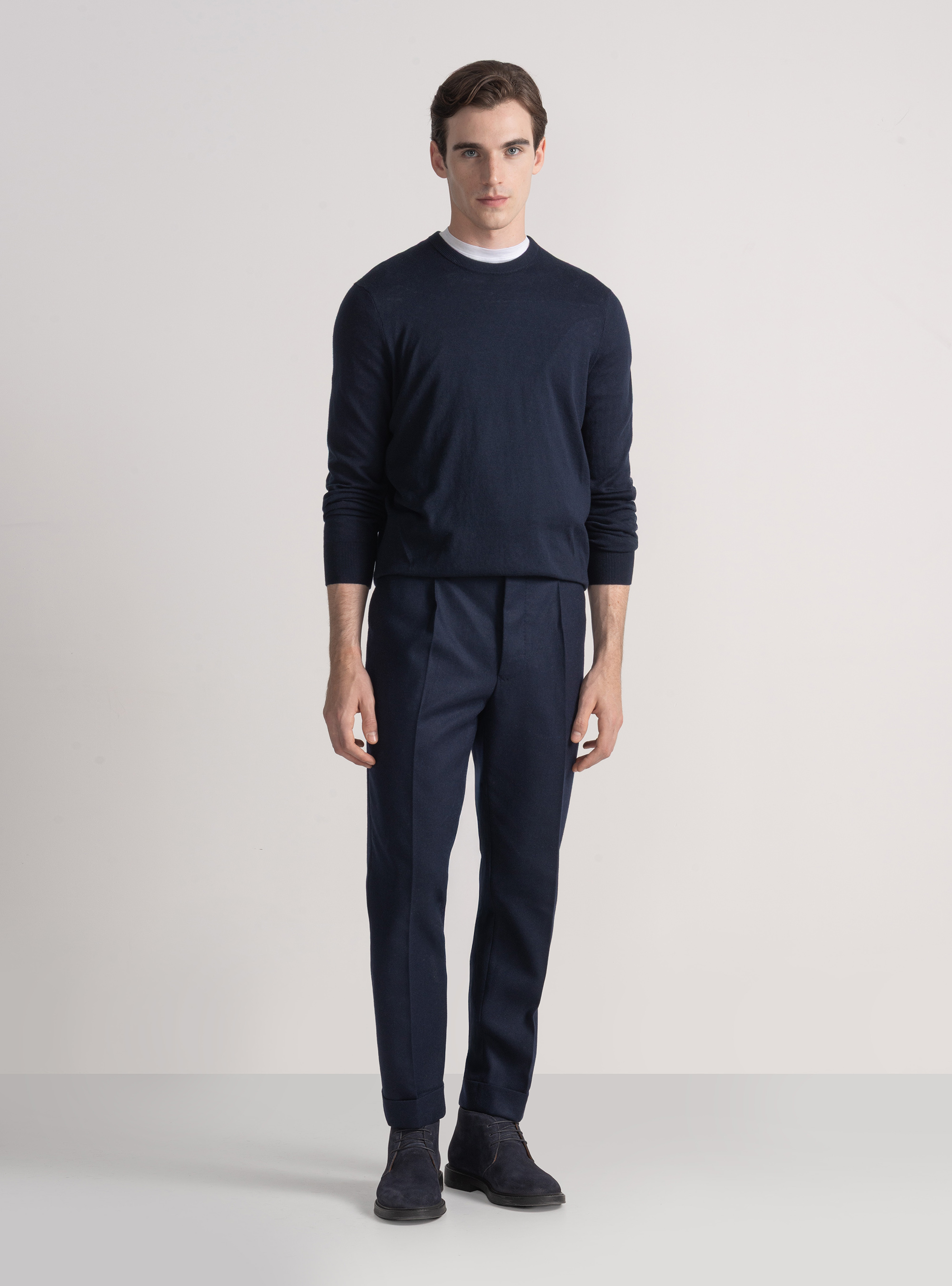 Punto de cuello redondo de algodón, seda y cachemira, AZUL MARINO