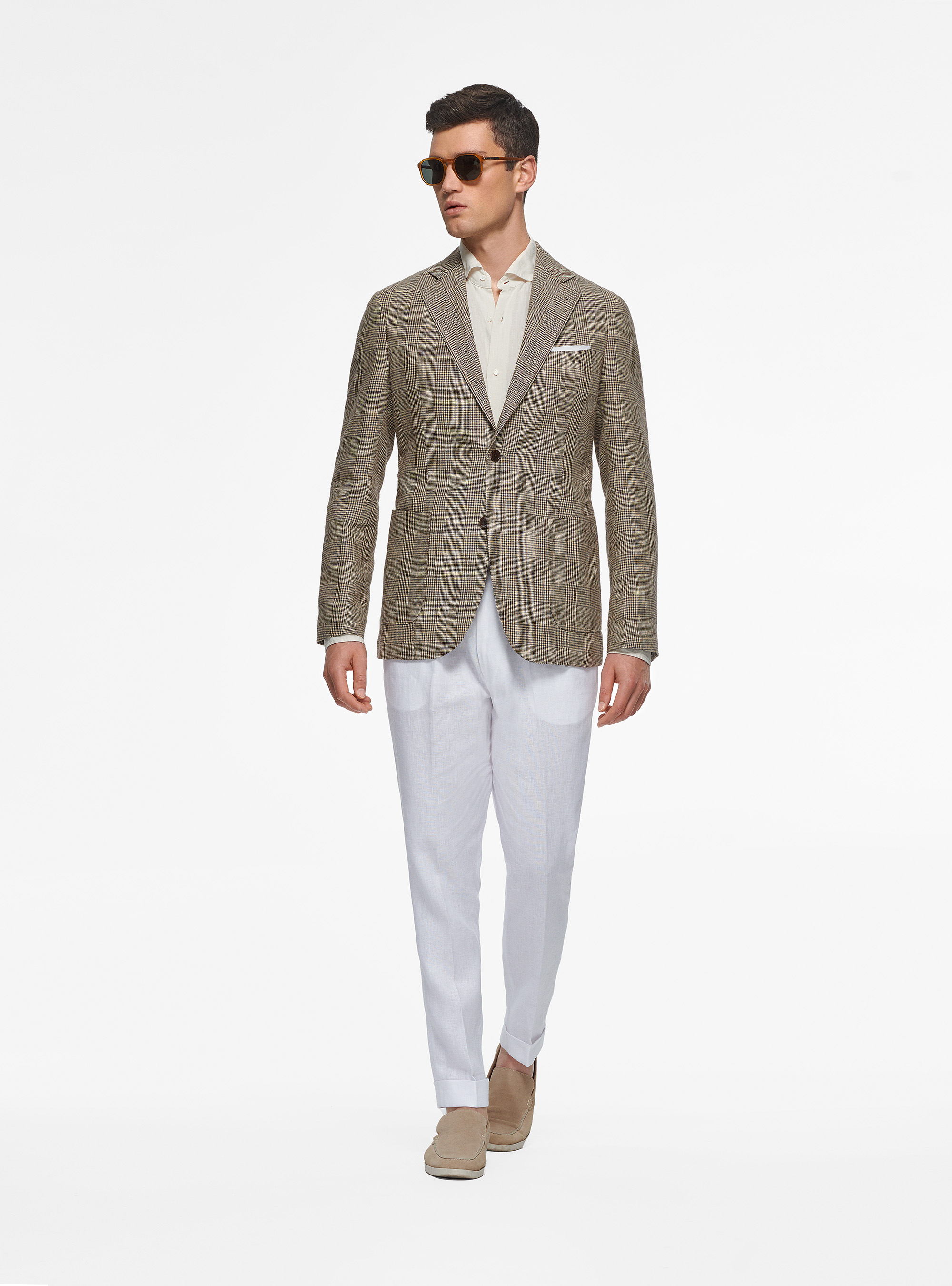 Prince of Wales blazer in pure linen, BROWN