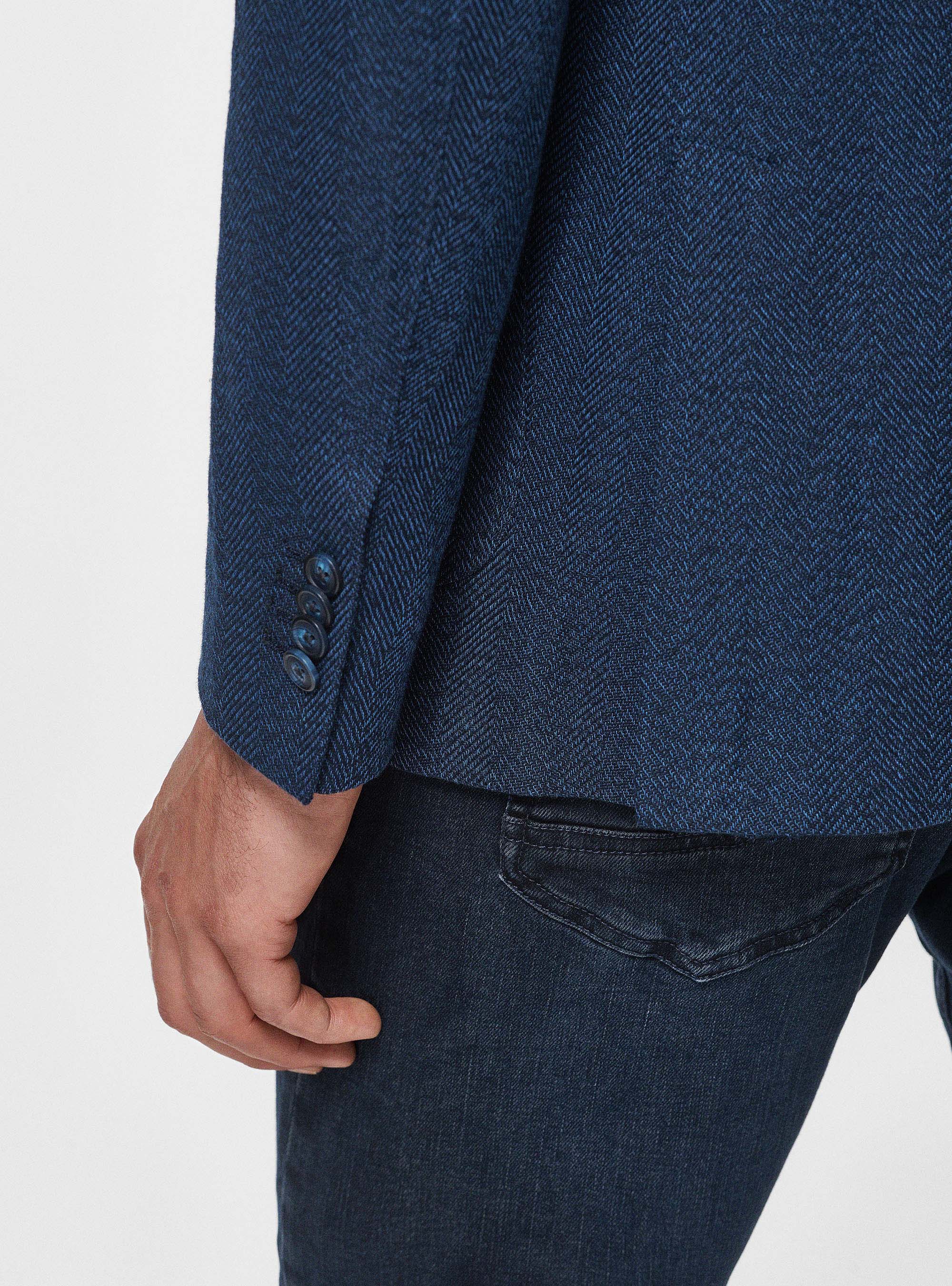 Giacca in cotone e lino spigato, BLU SCURO