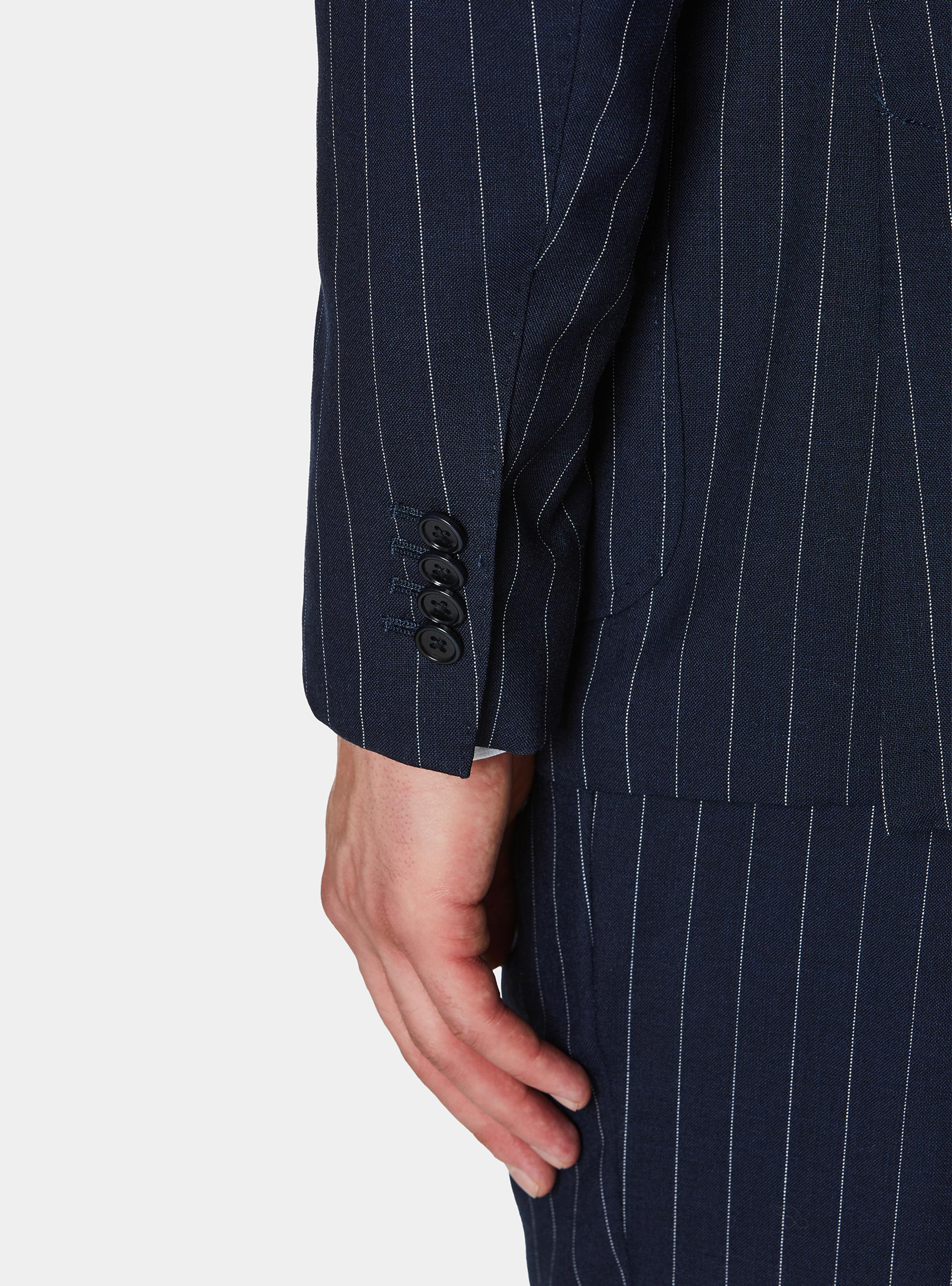 Double-breasted pinstriped wool suit blazer, NAVY BLUE