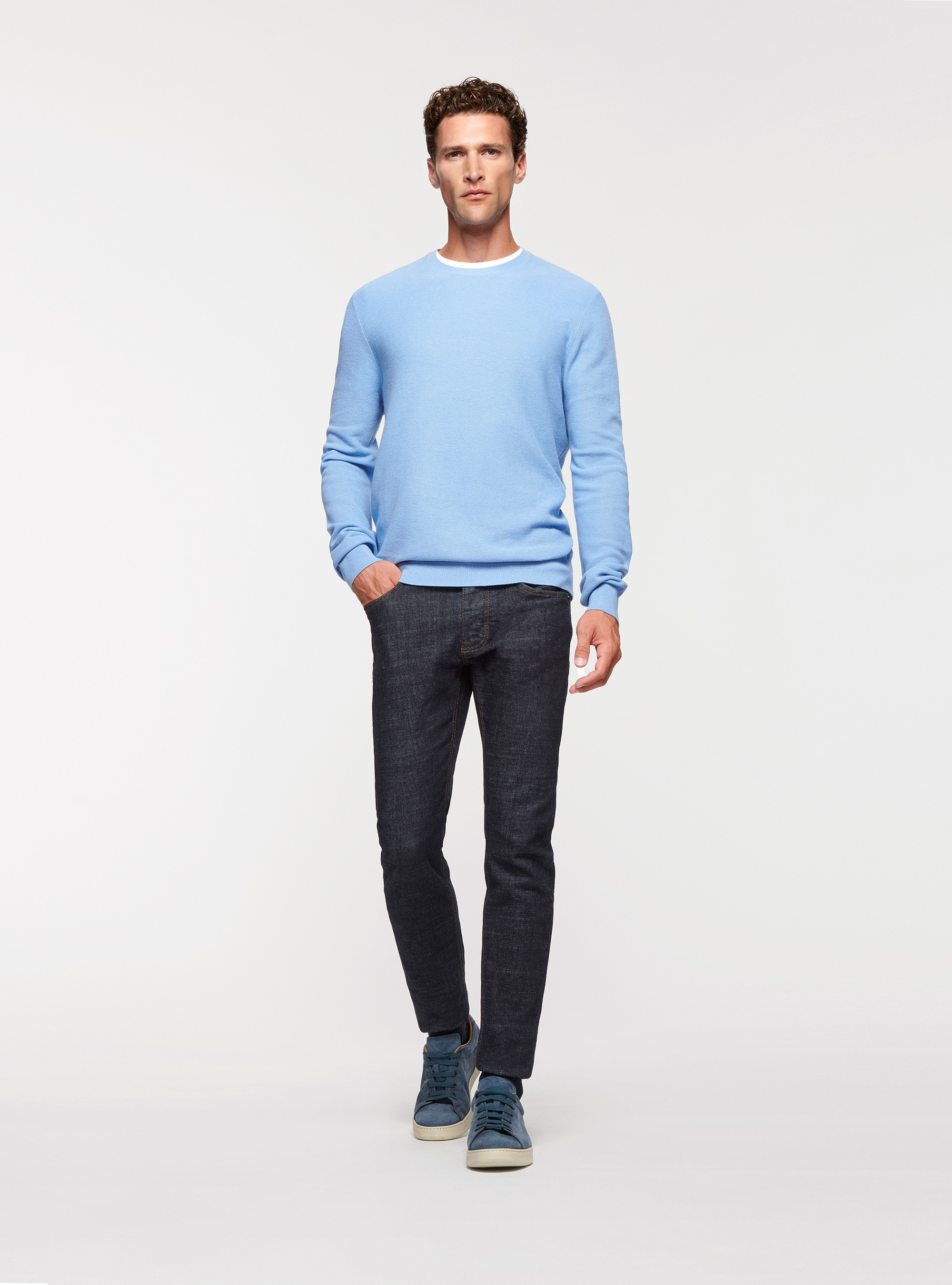 Maglia punto riso in cotone cashmere, AZZURRO