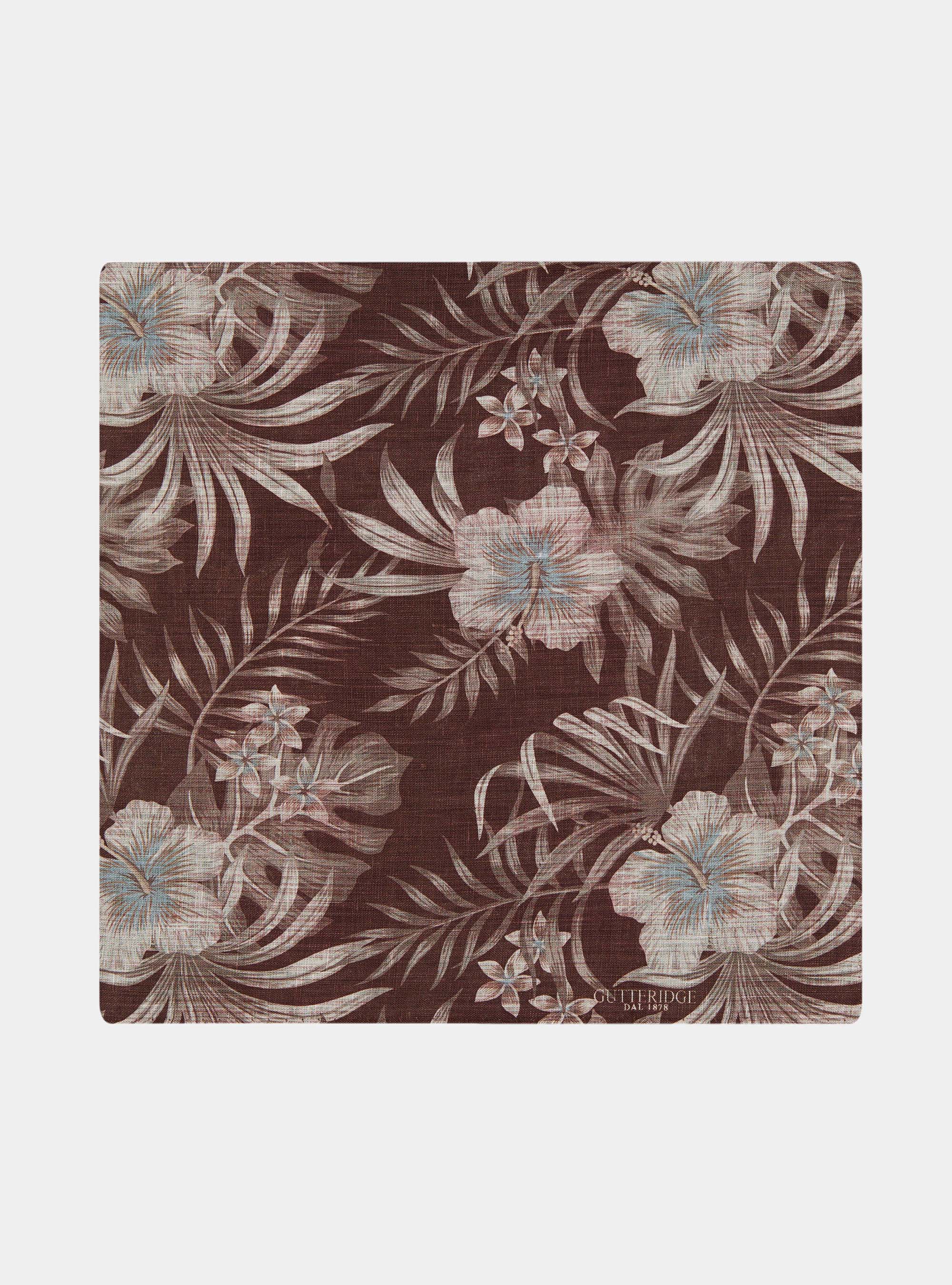 Foulard stampato con fantasia fiori  in lino, BROWN