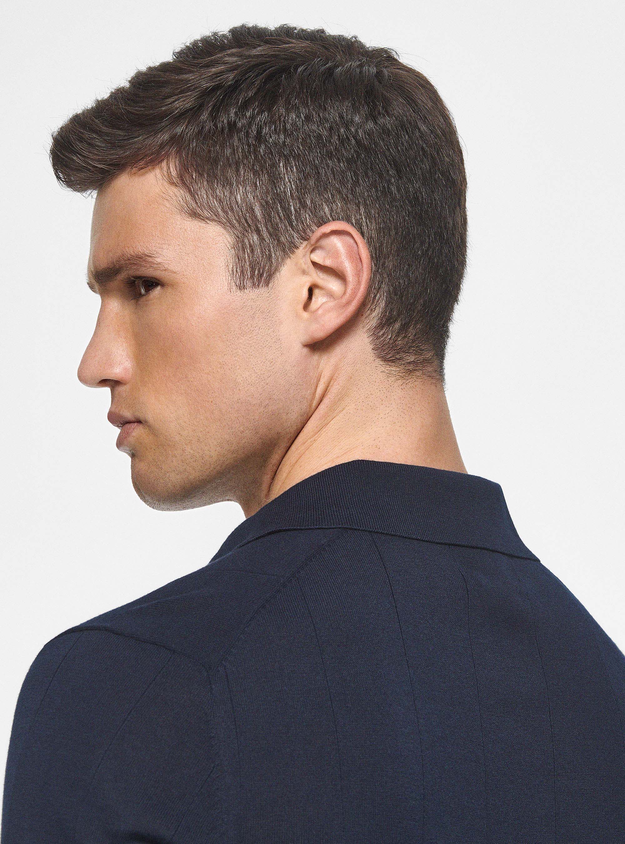 Long-sleeved knit polo shirt, NAVY BLUE