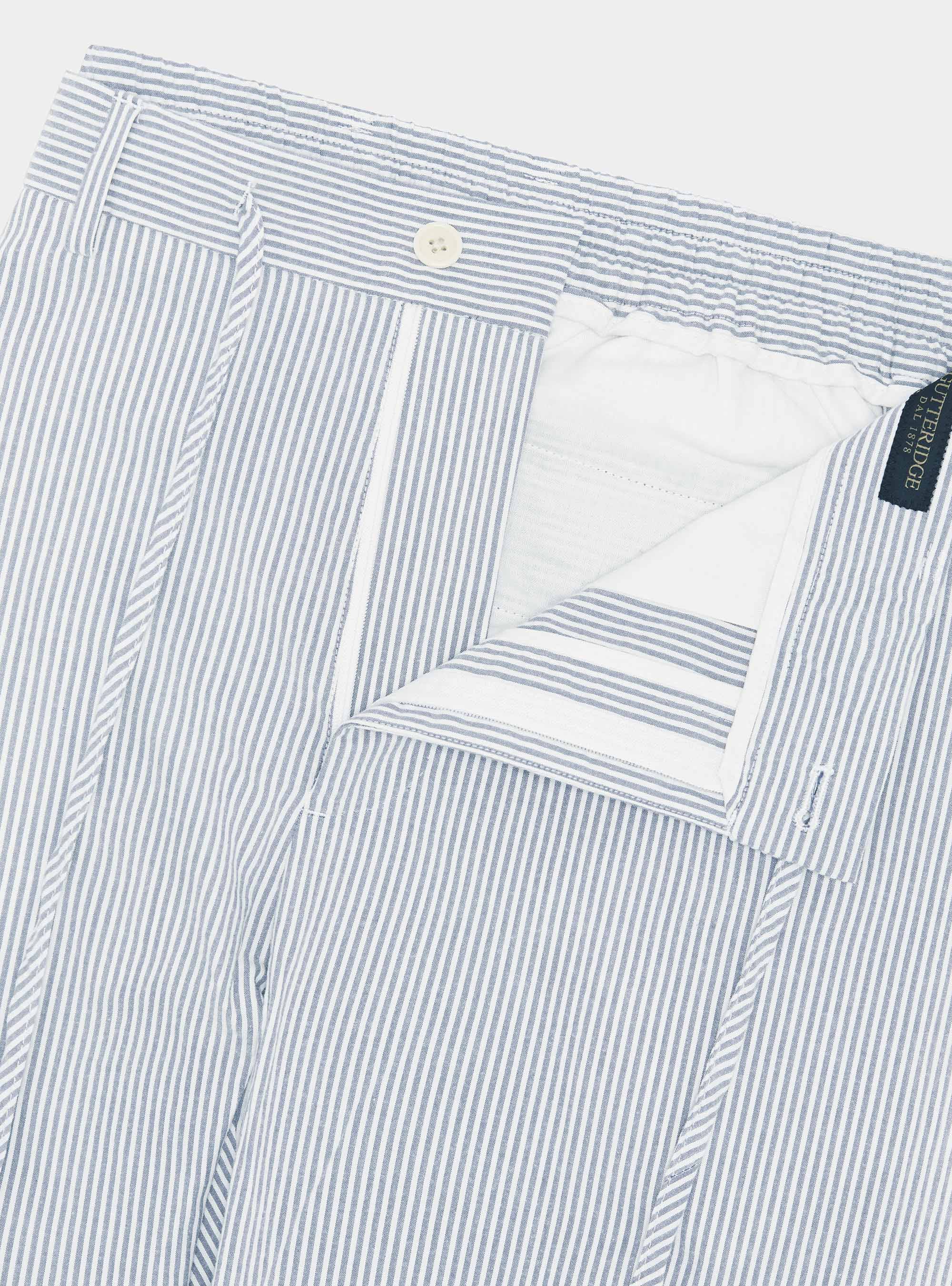 Seersucker cotton blend striped drawstring trousers, BLUE