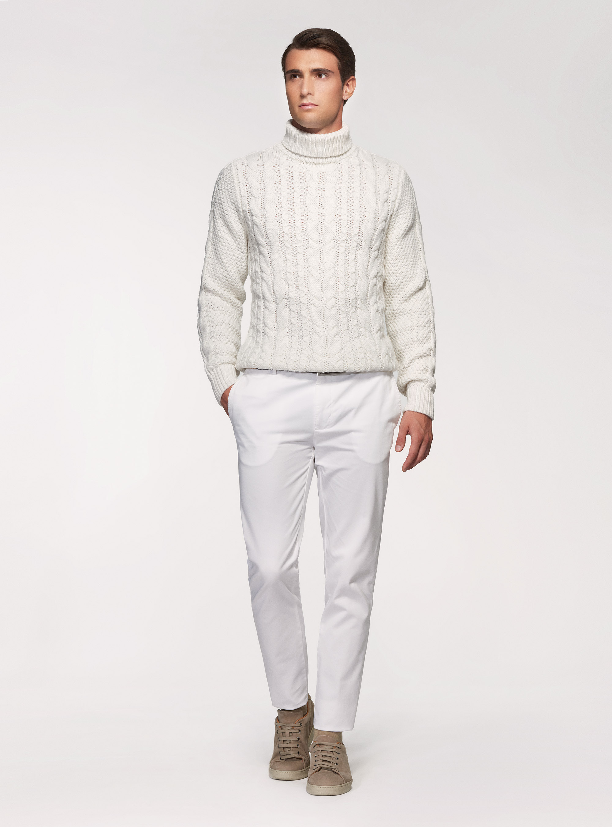 Pantaloni chino in twill di cotone stretch, BIANCO