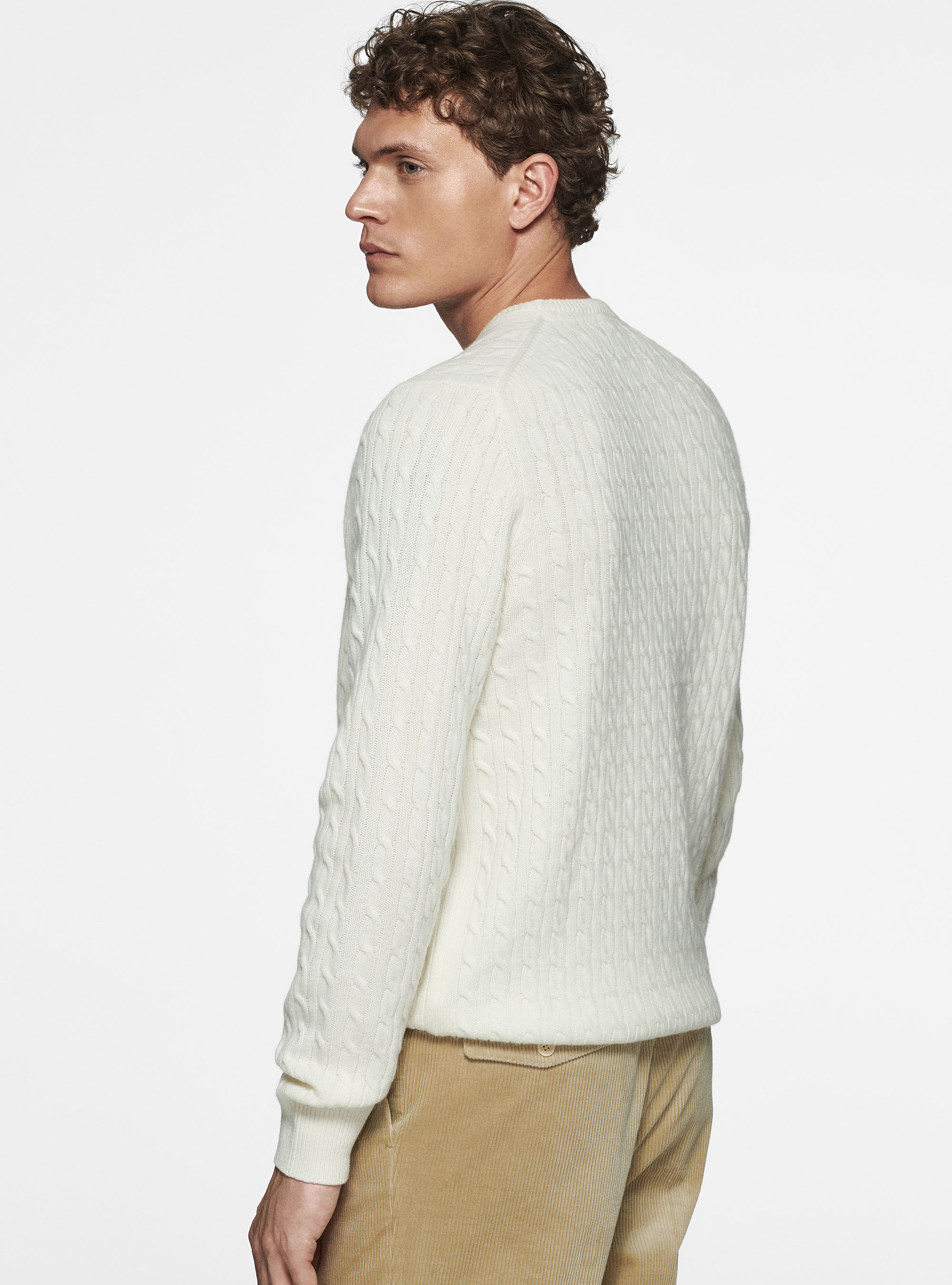 Maglia girocollo con treccia in lana e cashmere, BIANCO