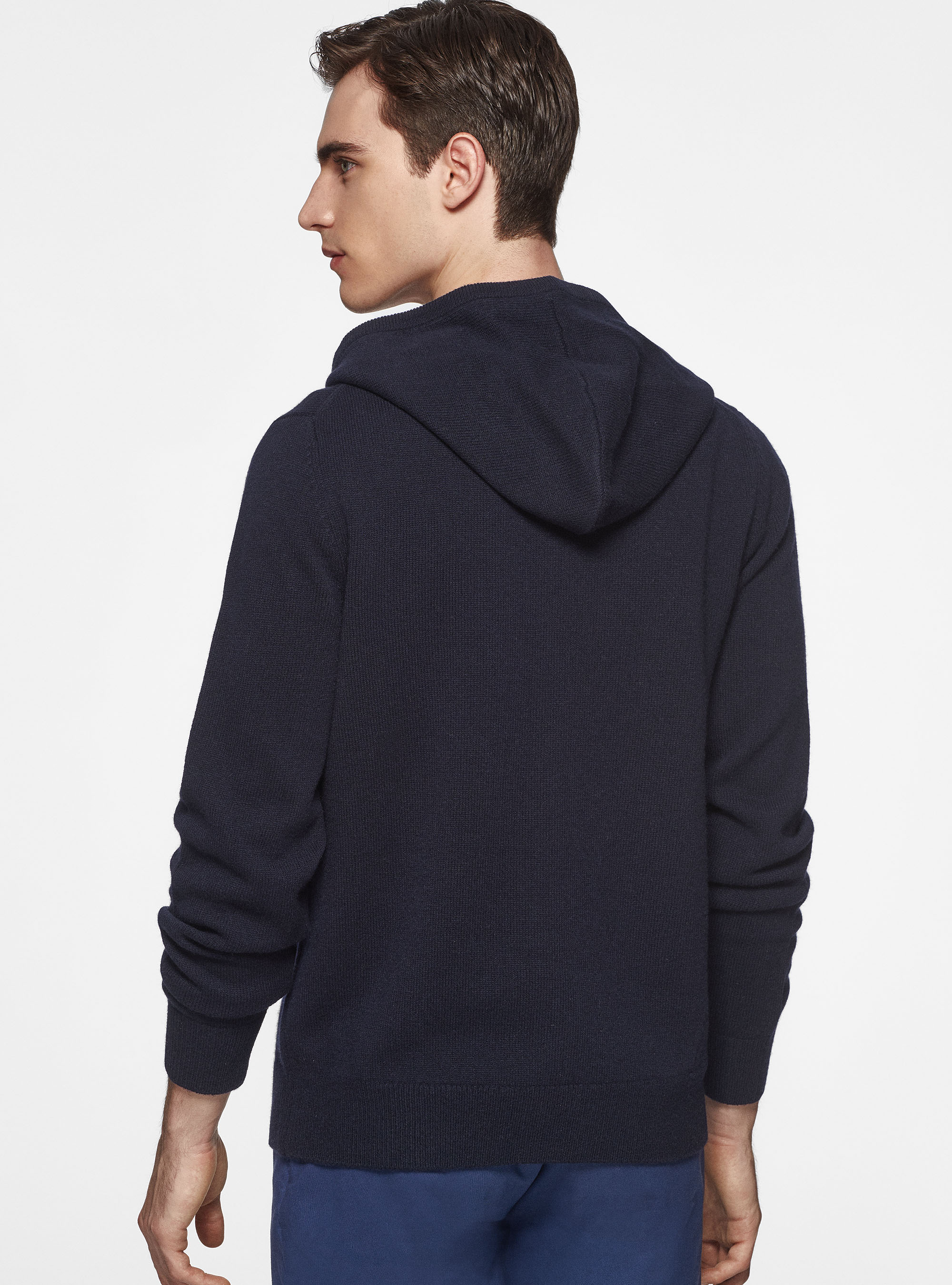 Cardigan in maglia con cappuccio in lana merino, BLU NAVY