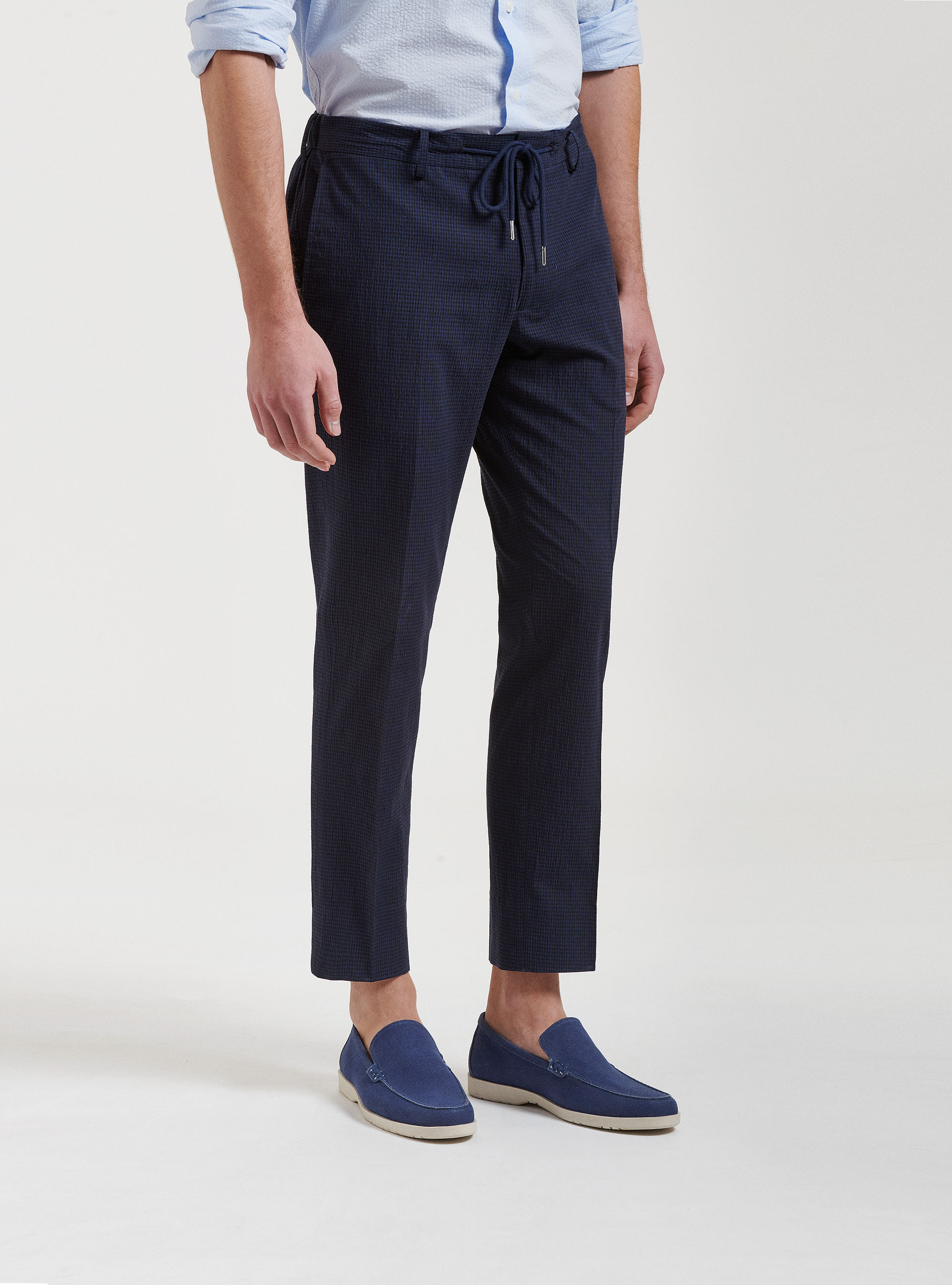 Pantaloni micro fantasia seersucker con coulisse, BLU NAVY