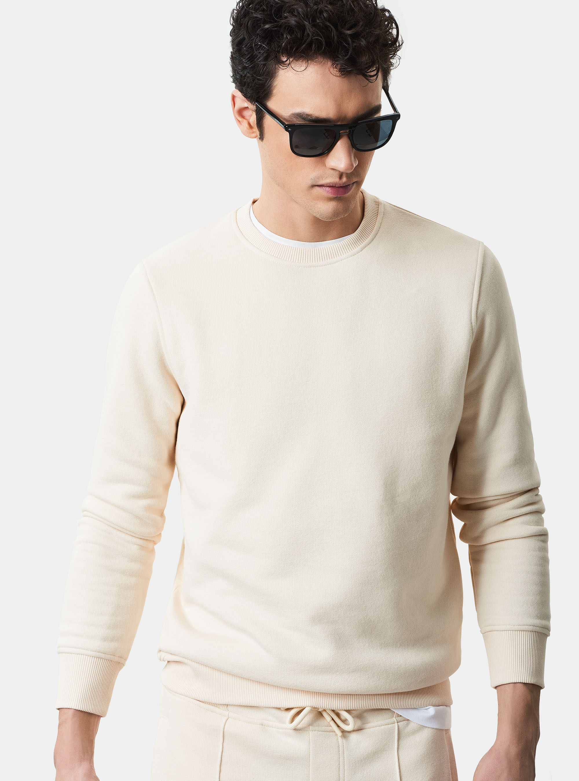 Felpa girocollo in misto cotone, PANNA