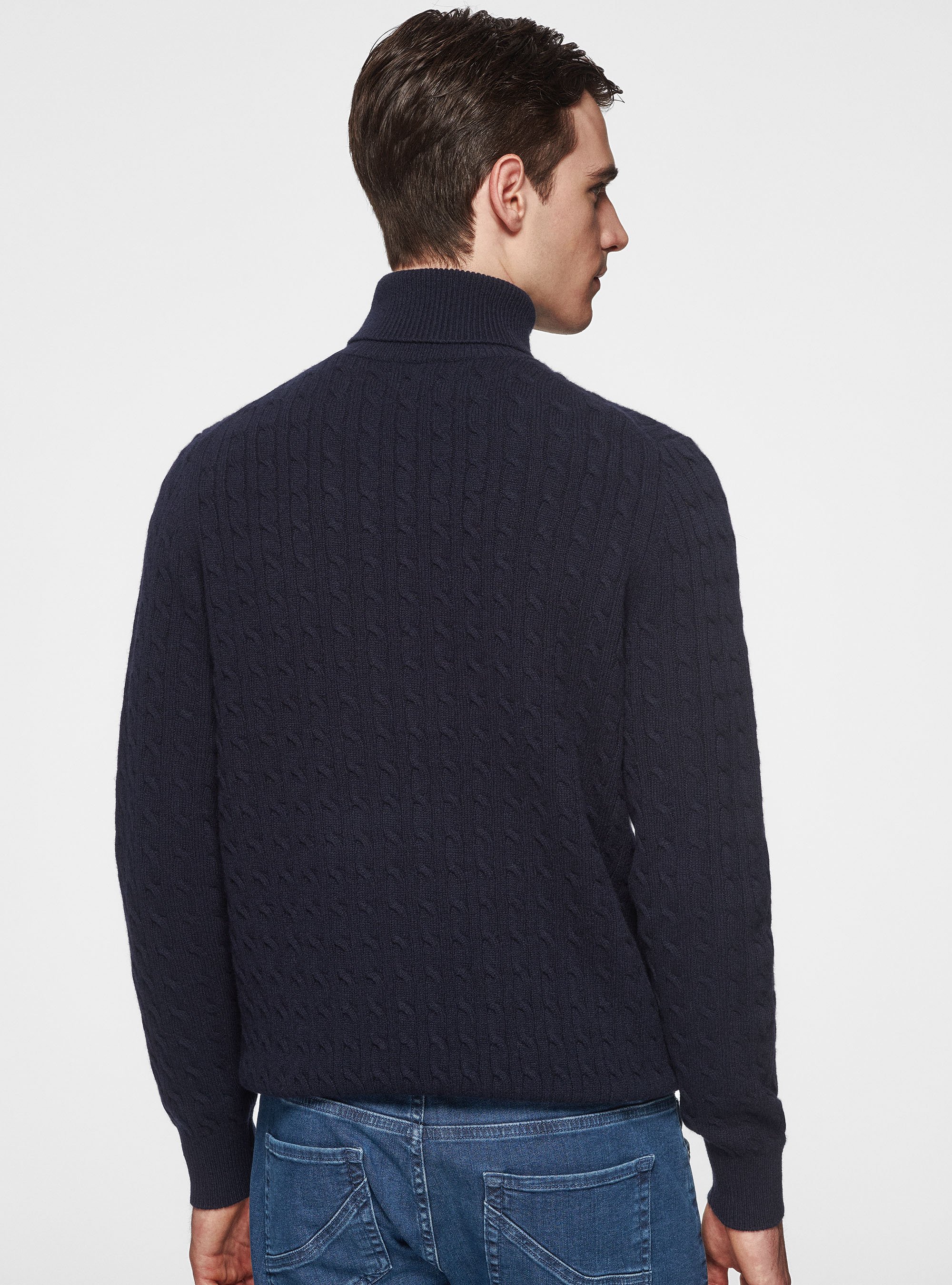 Maglia collo alto in lana cashmere con treccia, BLU NAVY