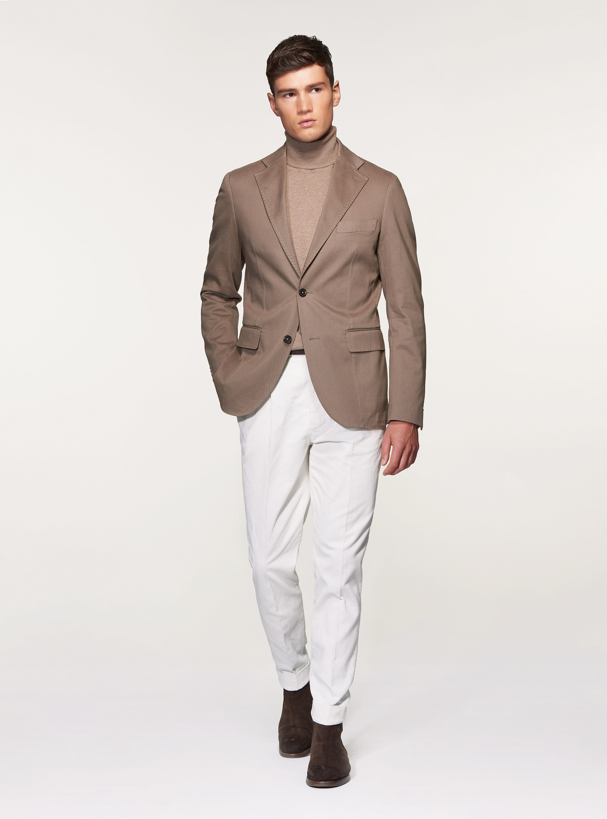 Pantaloni doppia pince in velluto di cotone, PANNA