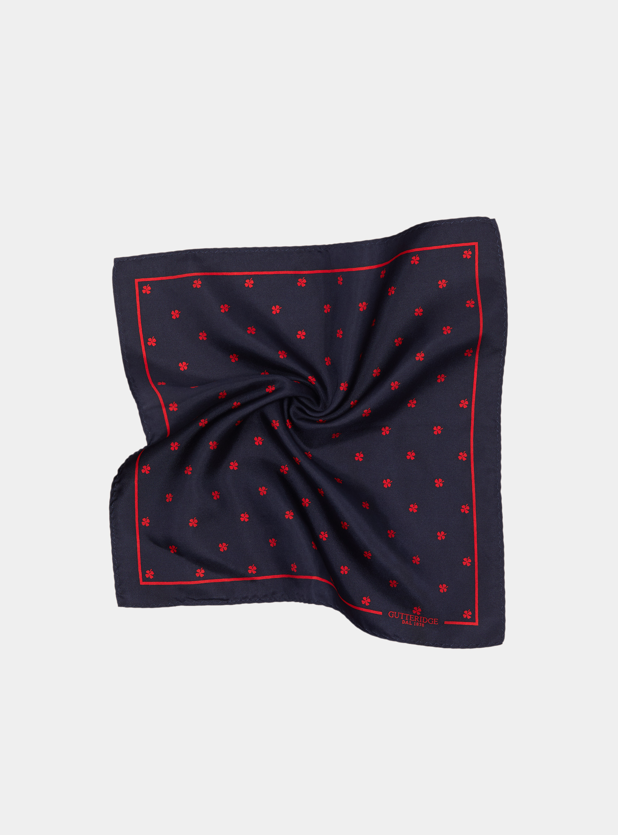 Pochette fantasia quadrifoglio in seta stampata, BLU NAVY/ROSSO B94