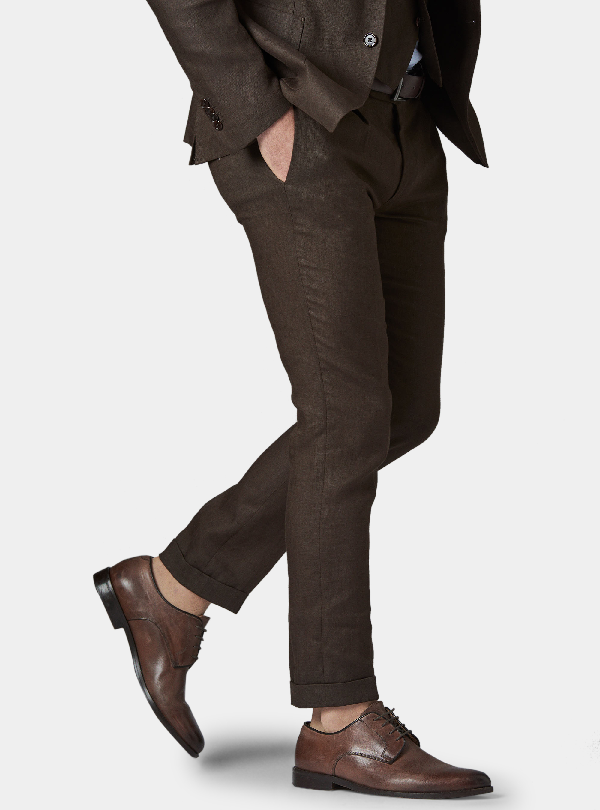 Pantalone con pince per abito in lino ritorto, MARRONE