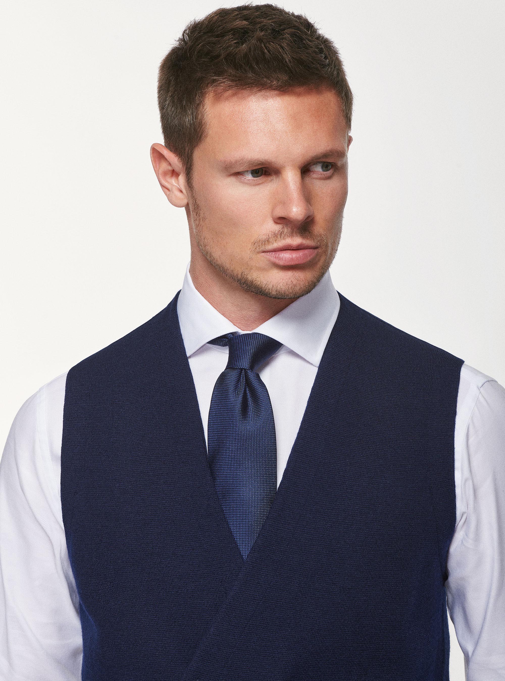 Double-breasted knitted gilet in pure merino wool, NAVY BLUE