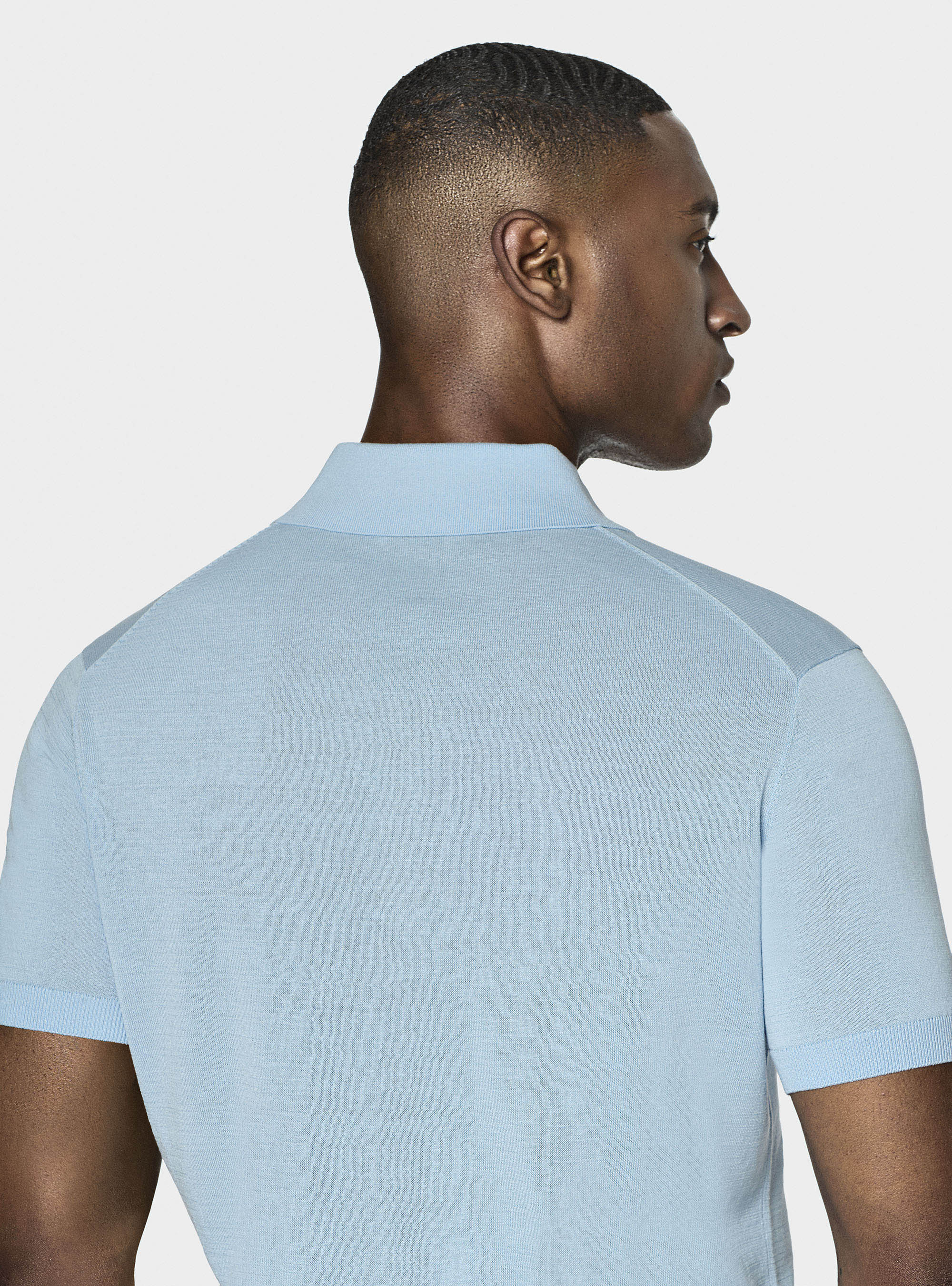 Maglia a polo in cotone e seta, AZZURRO