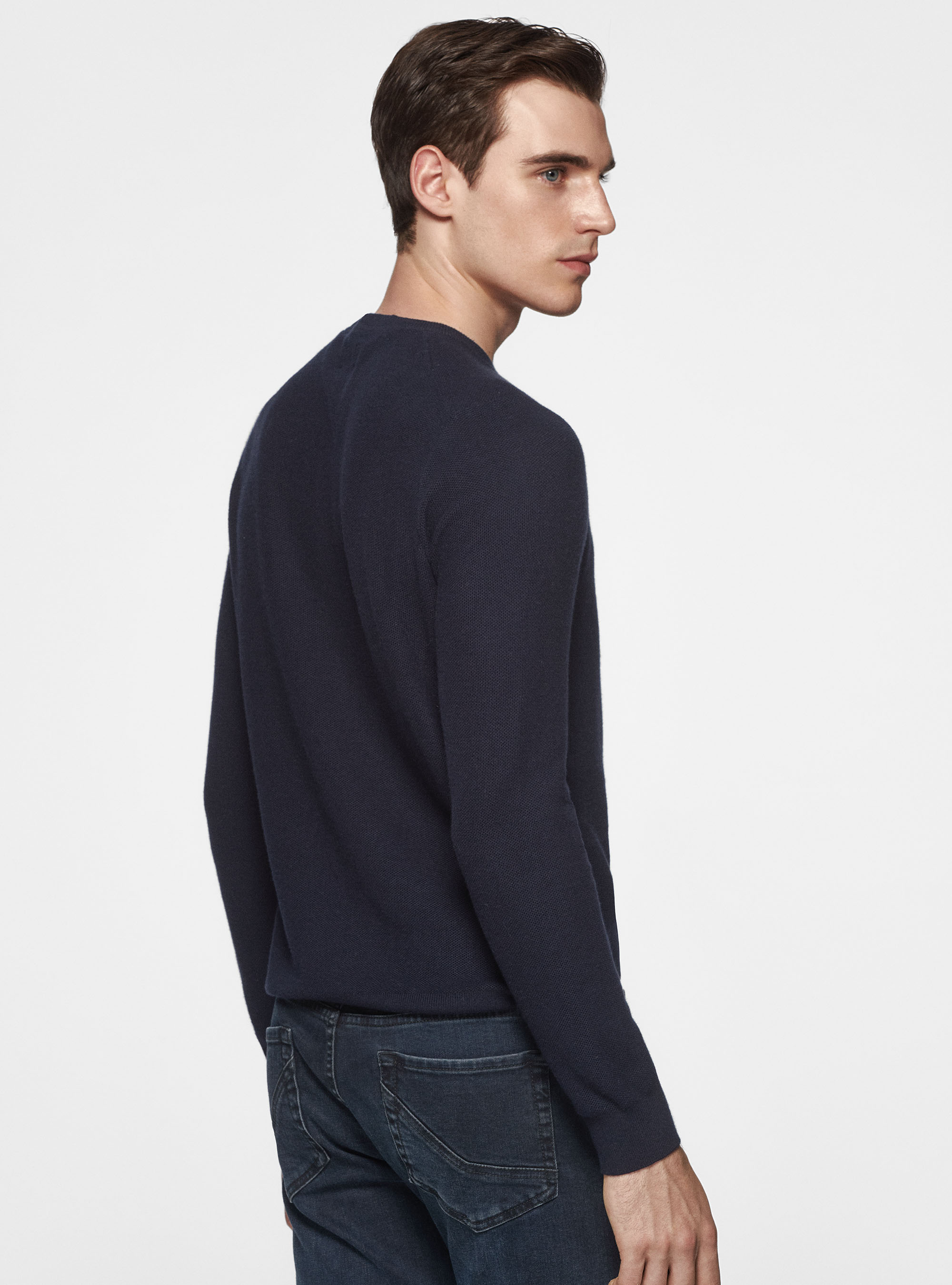 Maglia girocollo nido d'ape in cotone cashmere, BLU NAVY