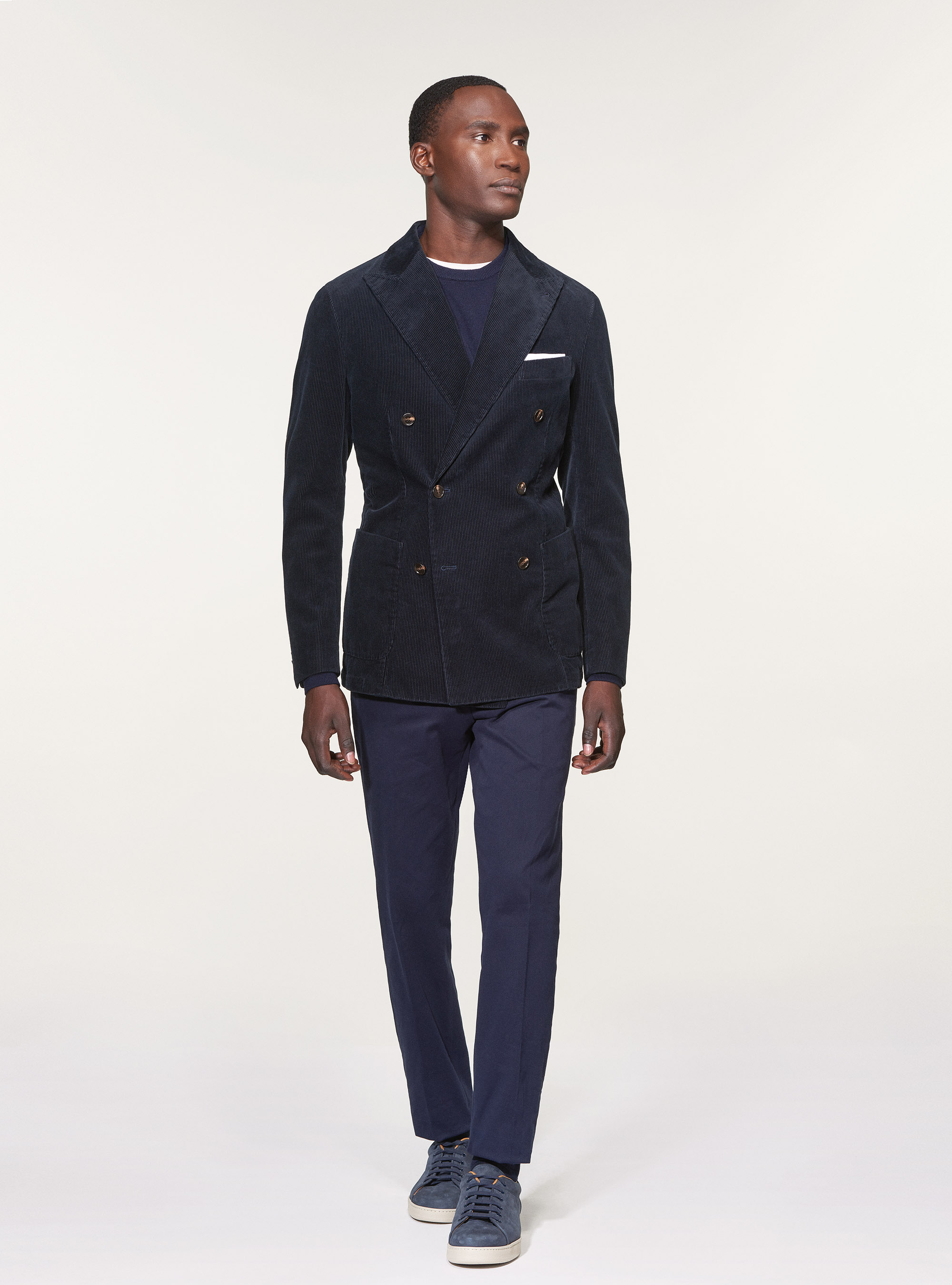 Giacca doppiopetto slim fit in velluto a coste di cotone, BLU NAVY