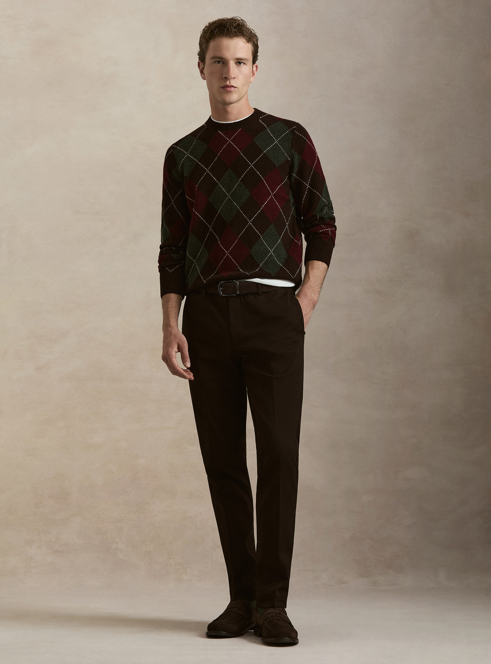 Full intarsia sweater made of Shetland wool, BROWN