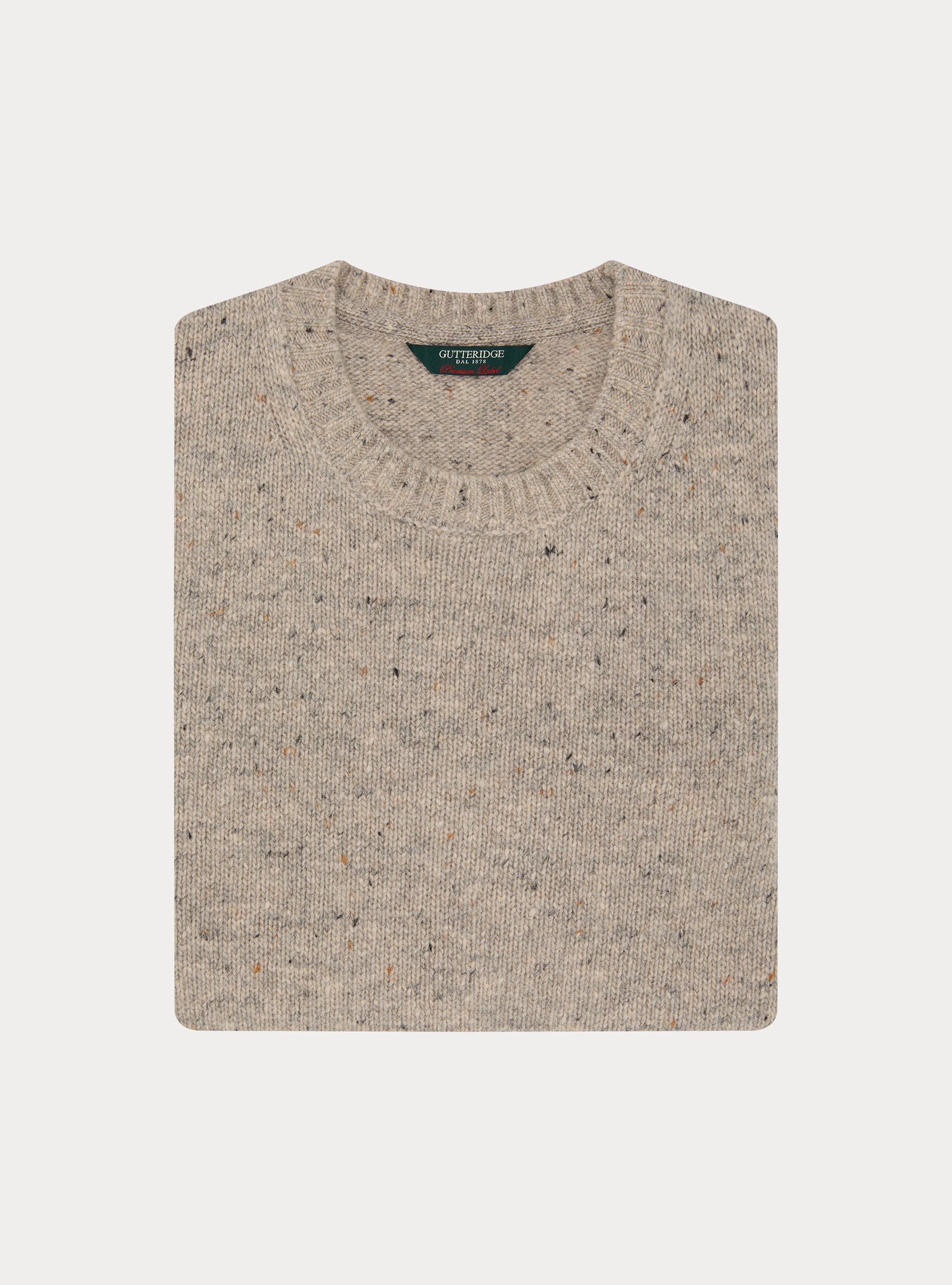 Donegal-style merino wool blend crewneck sweater, LIGHT GREY MELANGE