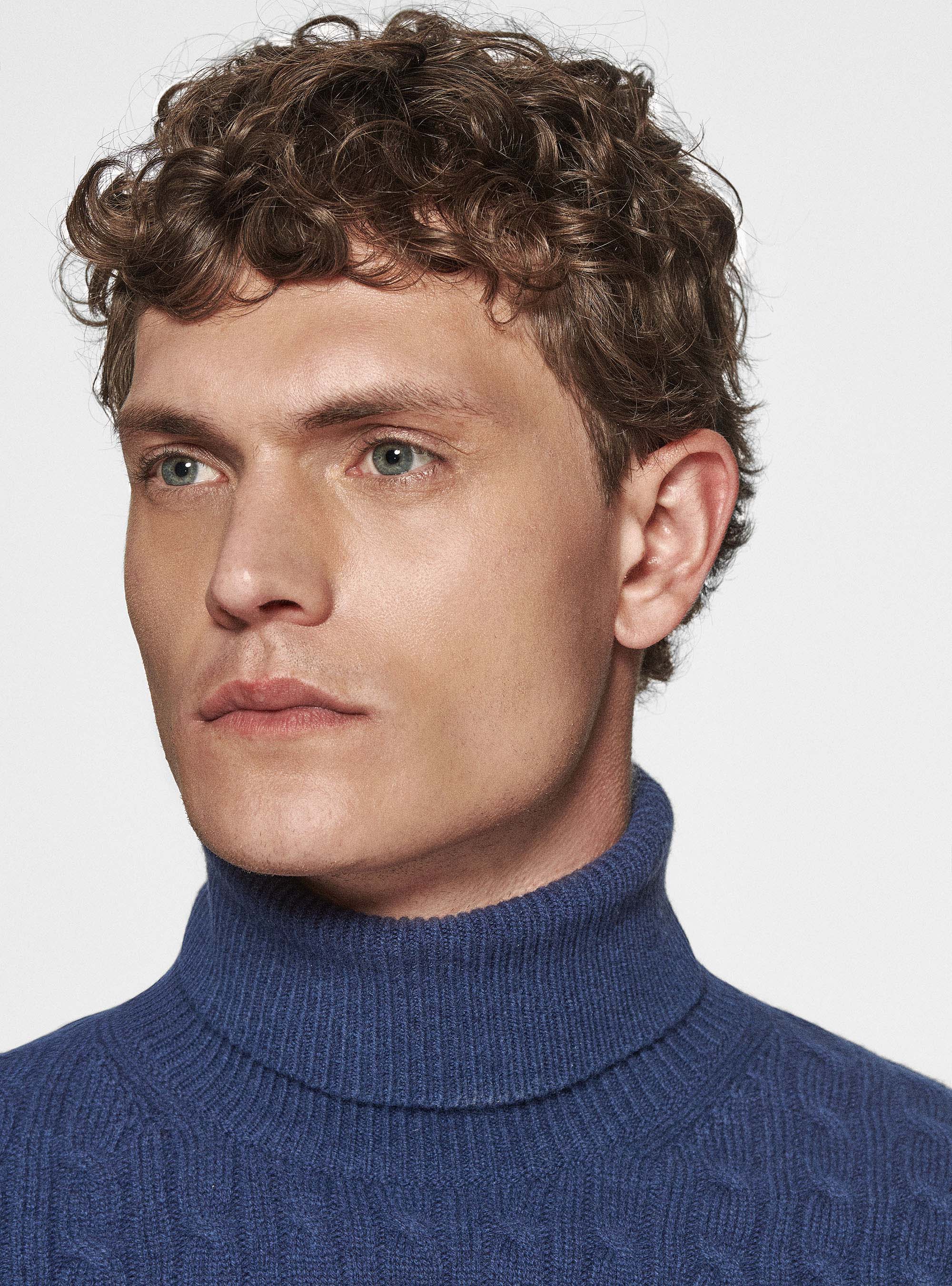 Maglia collo alto in lana cashmere con treccia, INCHIOSTRO