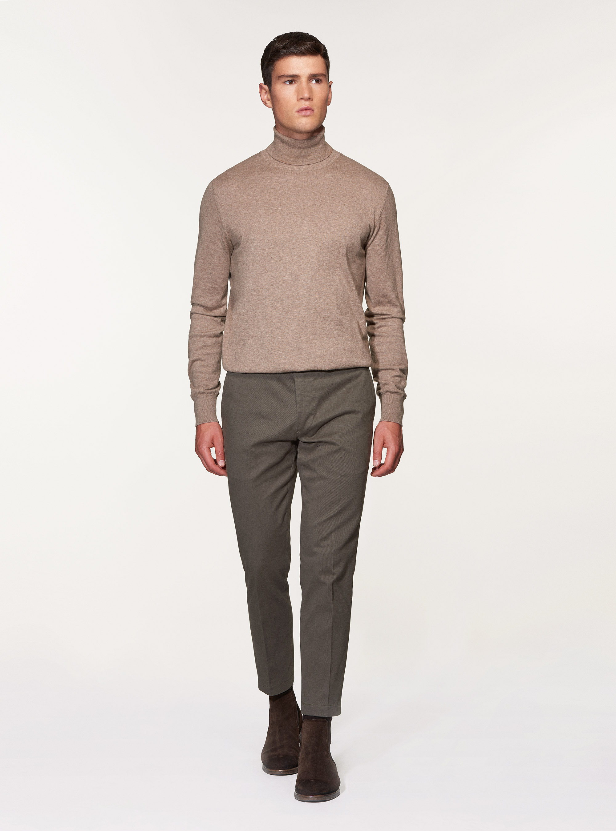 Pantaloni slack in twill di cotone smerigliato, VERDE