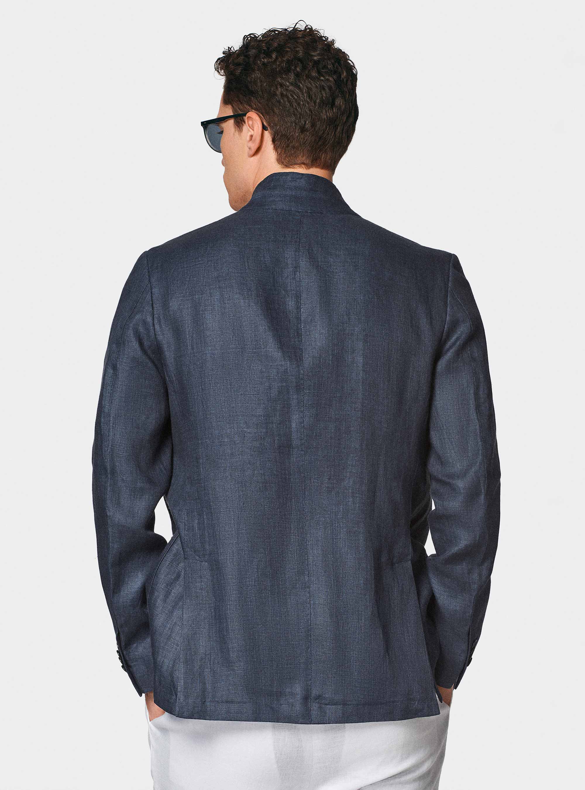 Giacca coreana in puro lino spigato, BLU NAVY
