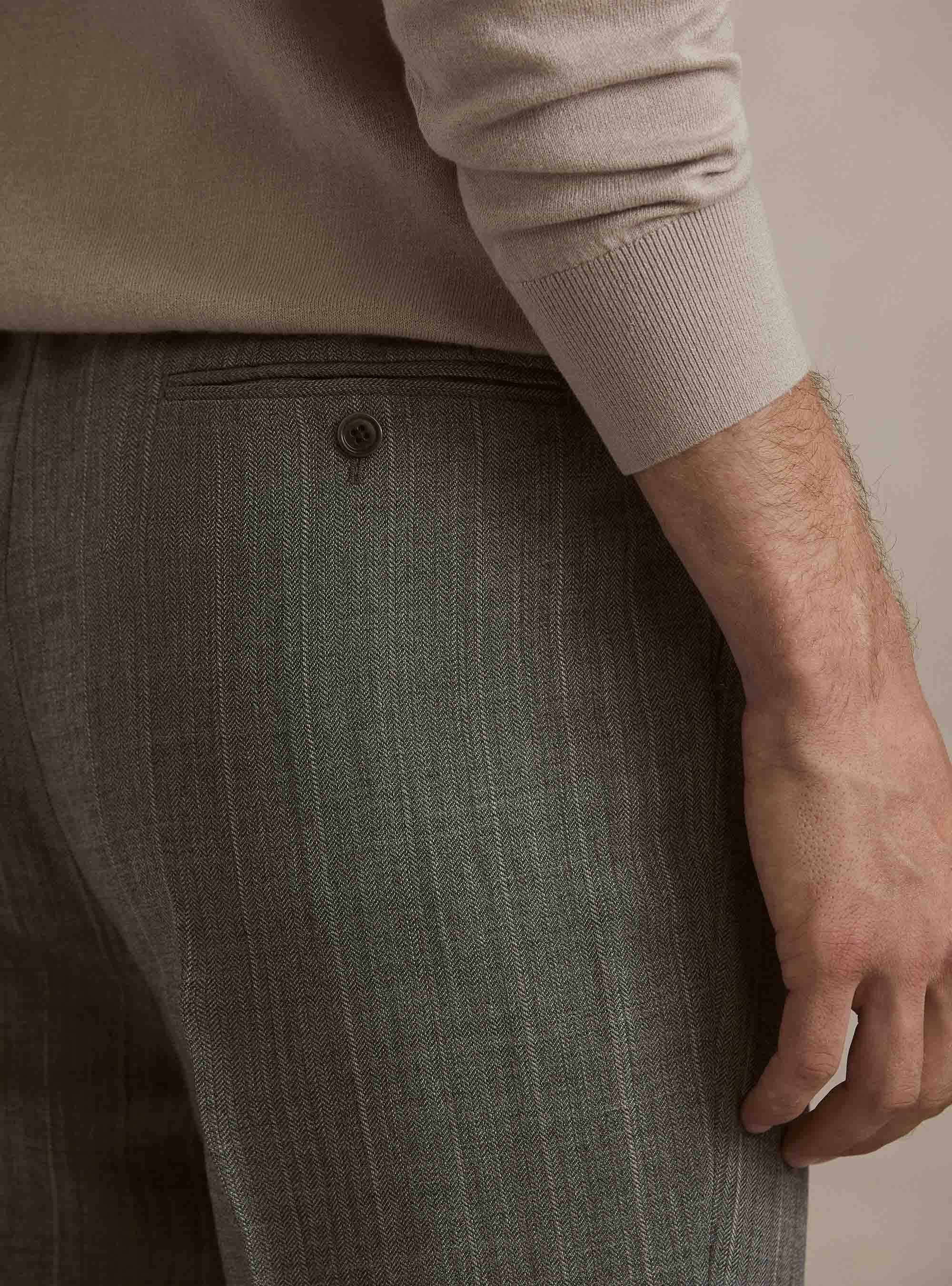 Pantalones de pinzas de pura lana de espiga, GRIGIO MED MEL 0123C