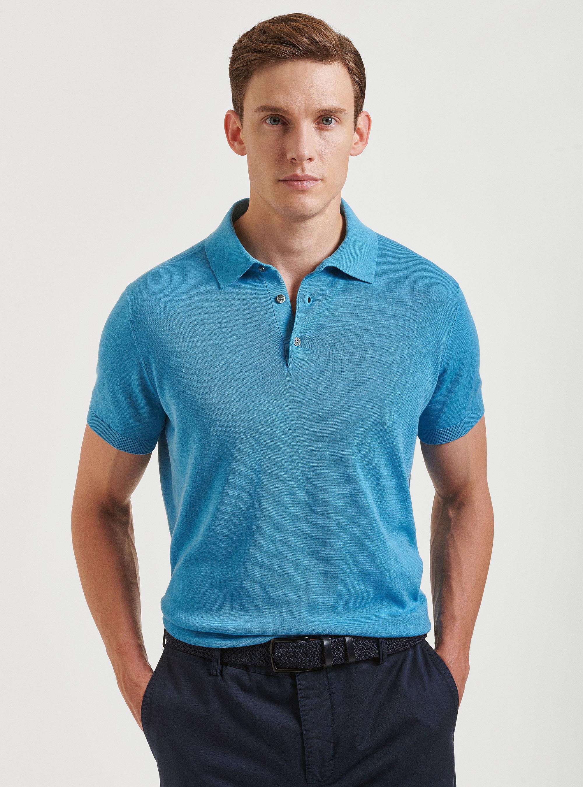 Polo in maglia in puro cotone extrafine, AZZURRO