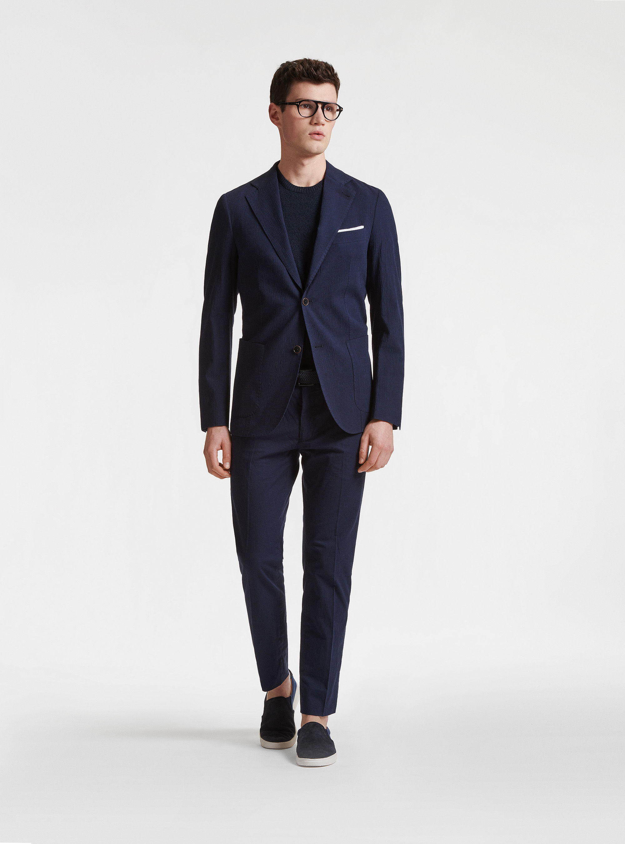 Giacca blue navy in seersucker rigato, BLU NAVY