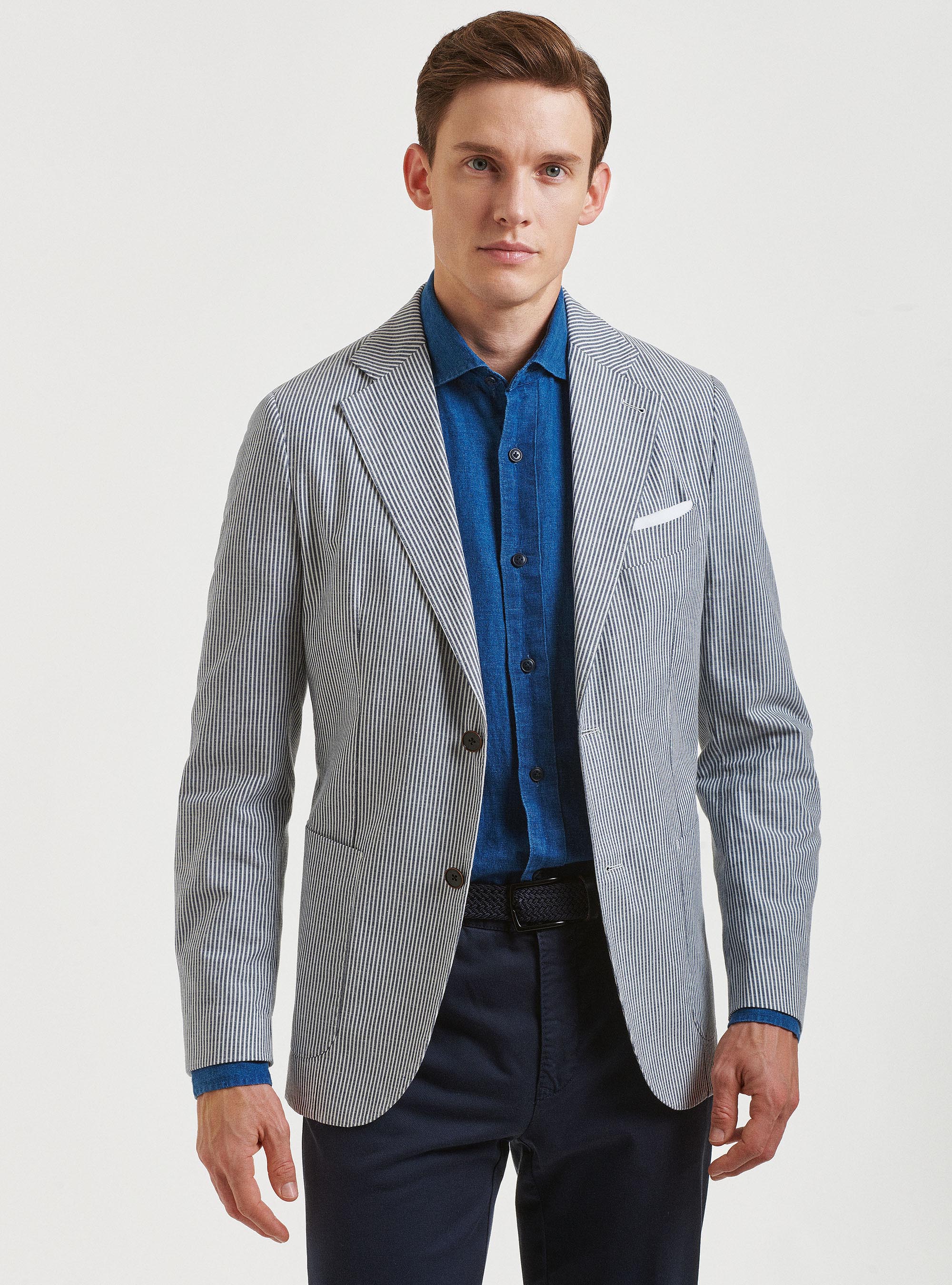Giacca blu in cotone e lino rigato, BLU