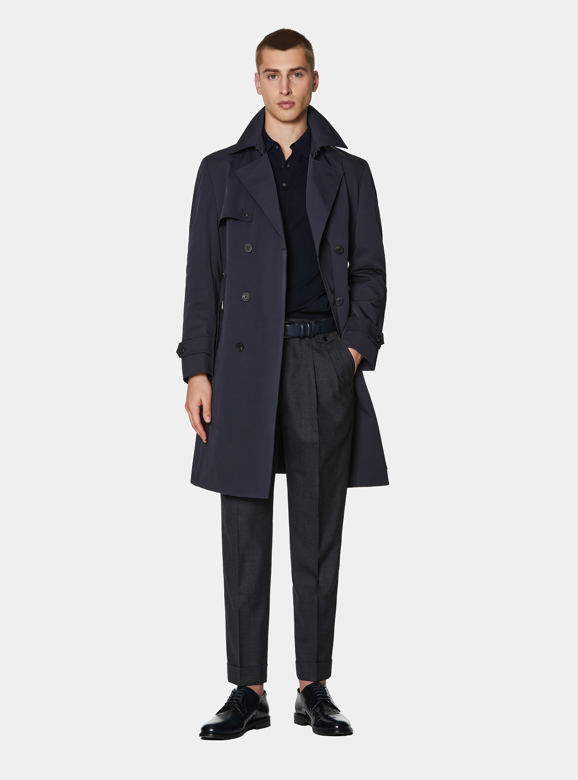 Trench doble botonadura de sarga de algod&oacute;n, AZUL MARINO