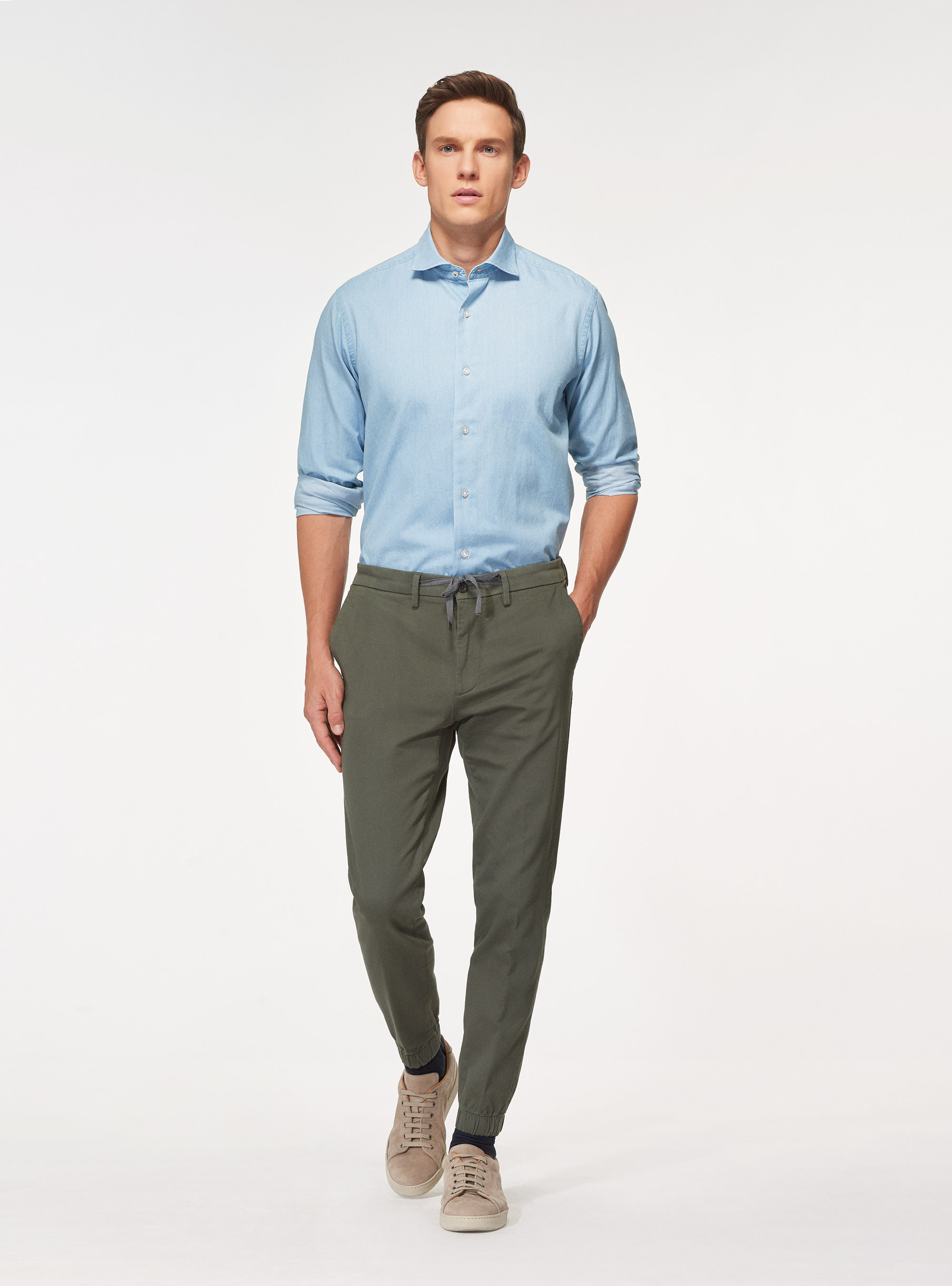 Camicia collo semi francese in cotone chambray, AZZURRO