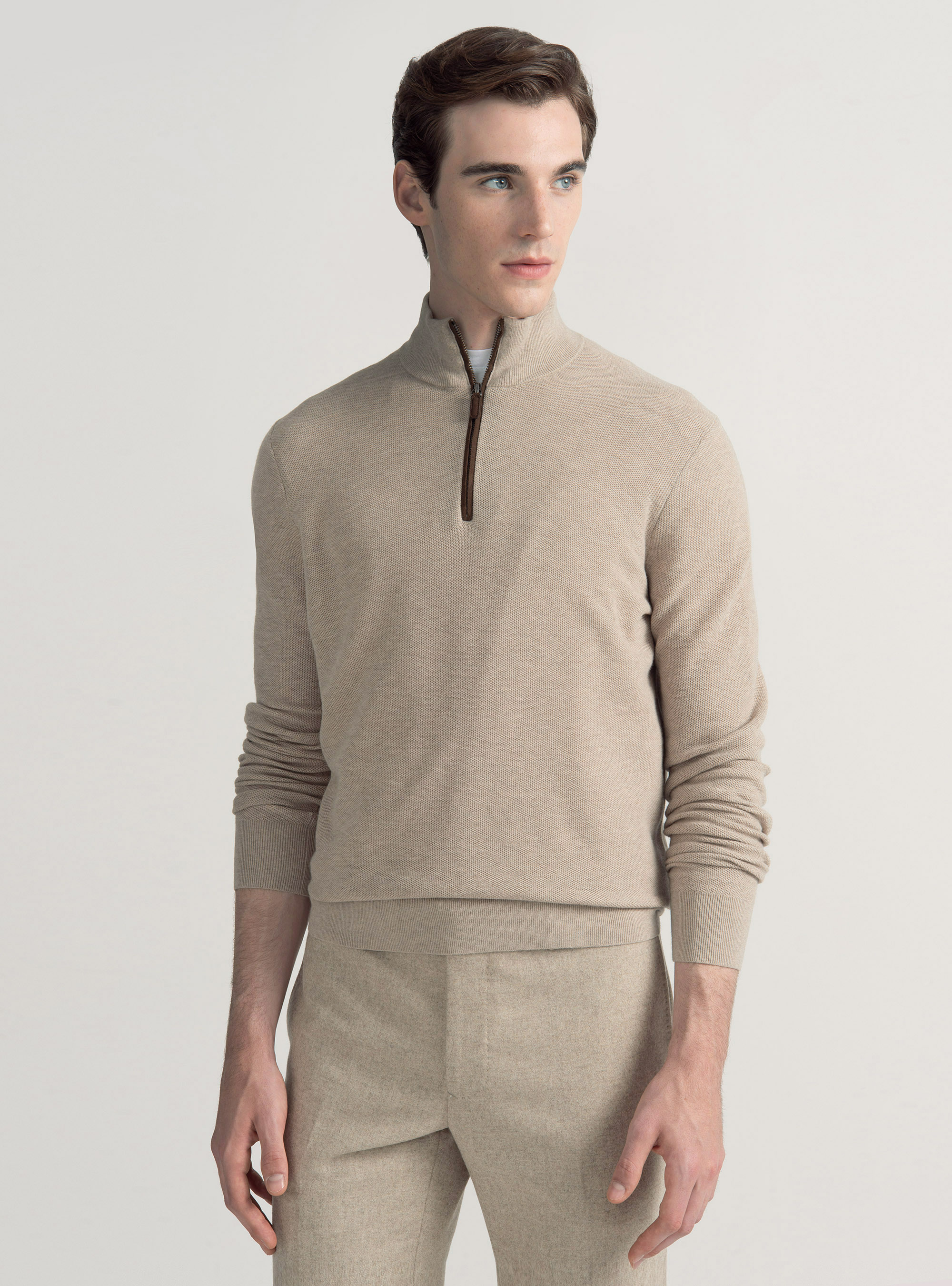 Cotton cashmere honeycomb mock neck sweater, ECRU