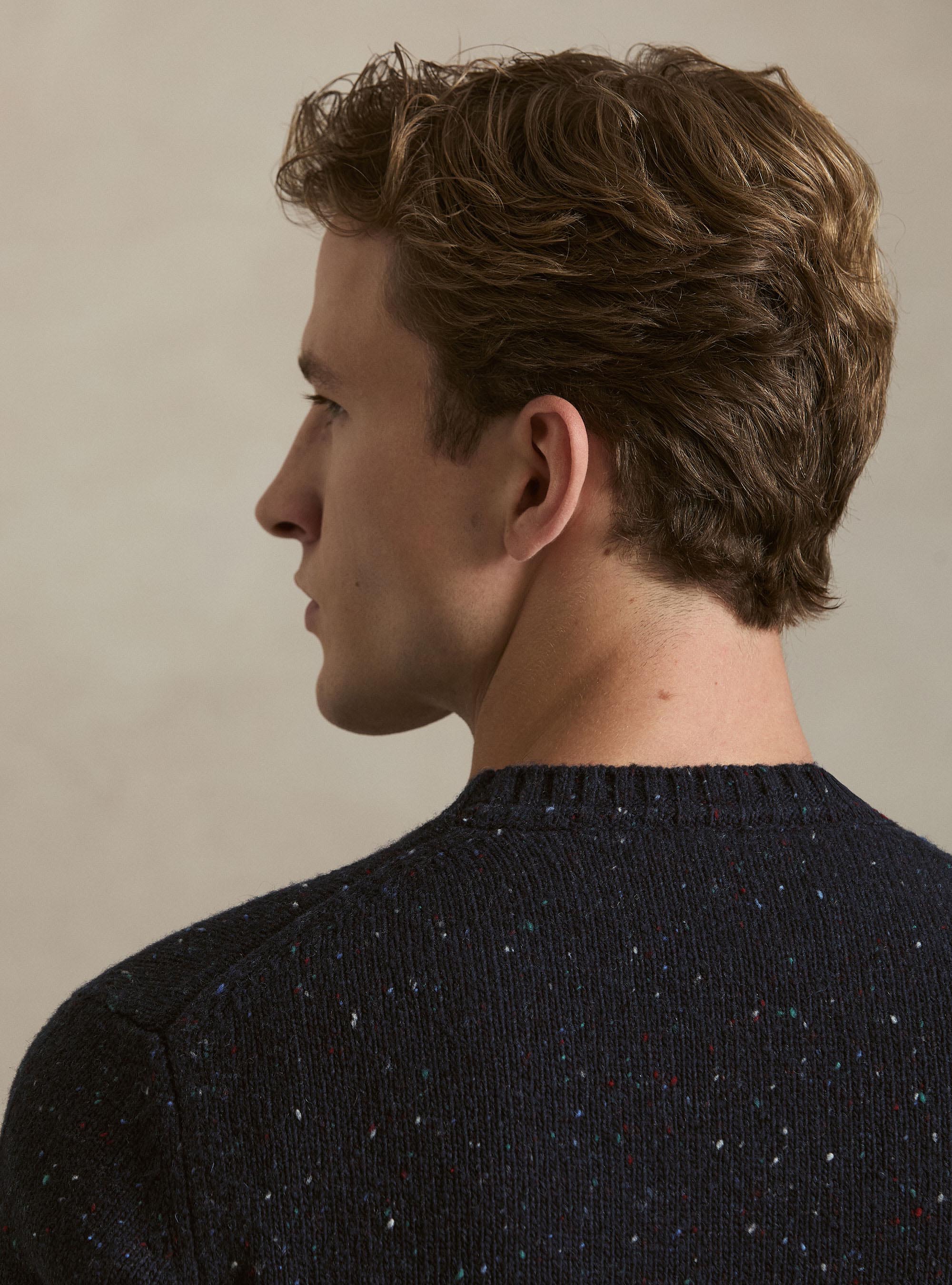 Donegal-style merino wool blend crewneck sweater, NAVY BLUE
