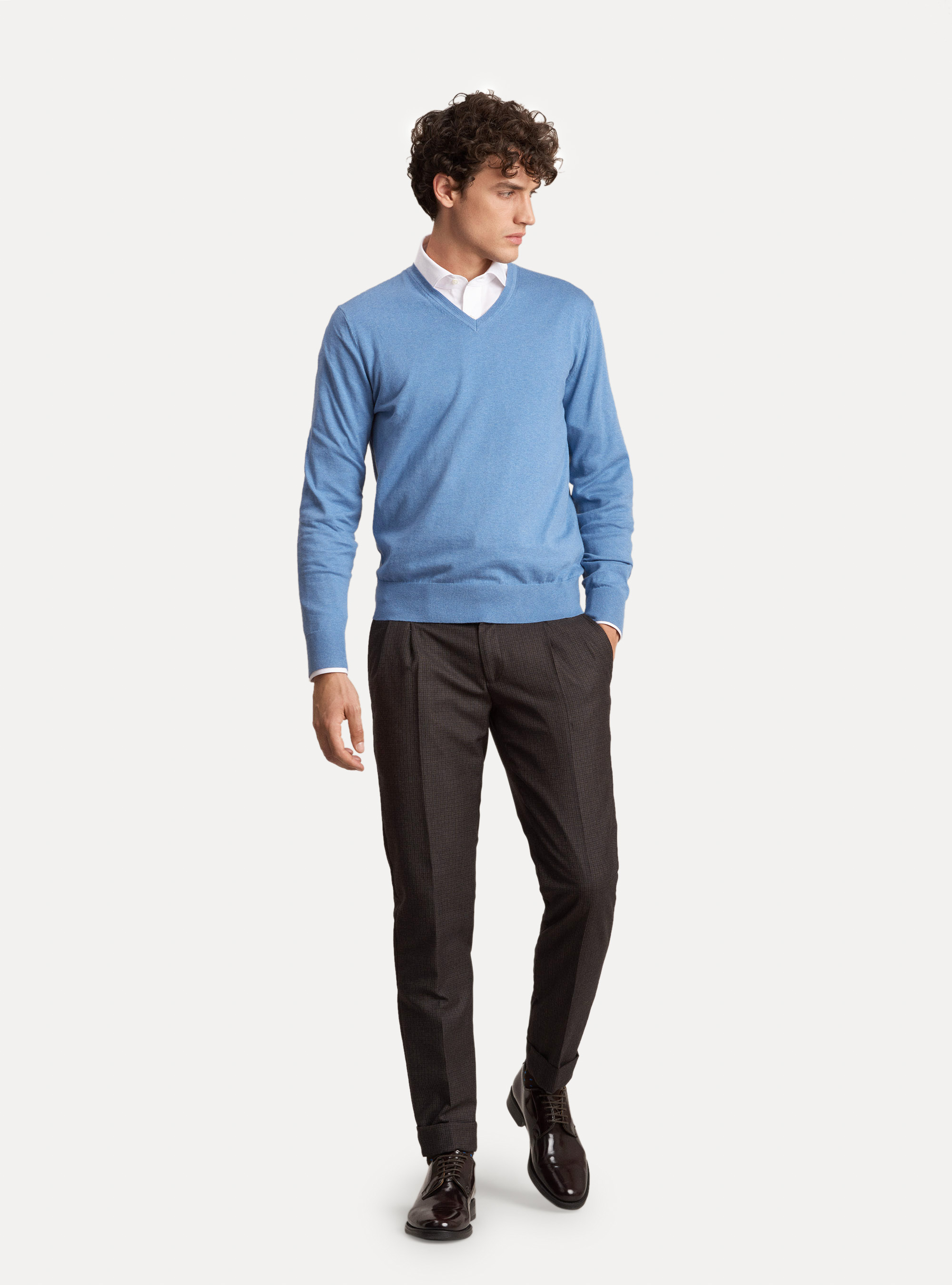 Maglia scollo a V in cotone seta e cashmere, AZZURRO