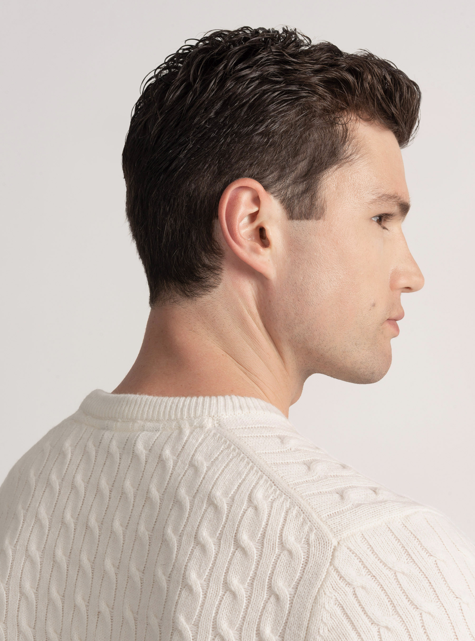Punto de cuello redondo con trenzado de lana y cachemira, BLANCO