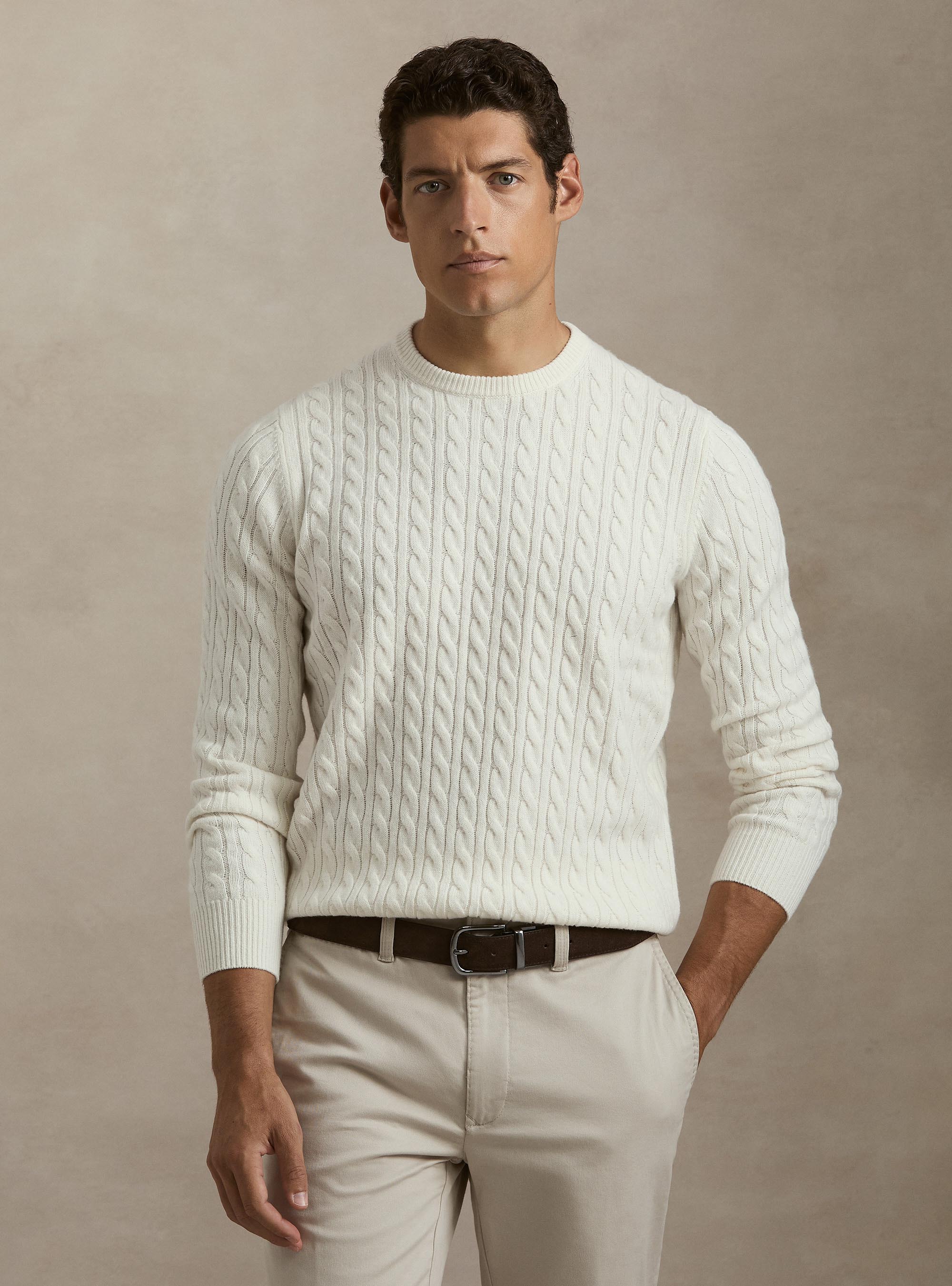Girocollo in maglia con treccia in lana cashmere, BIANCO