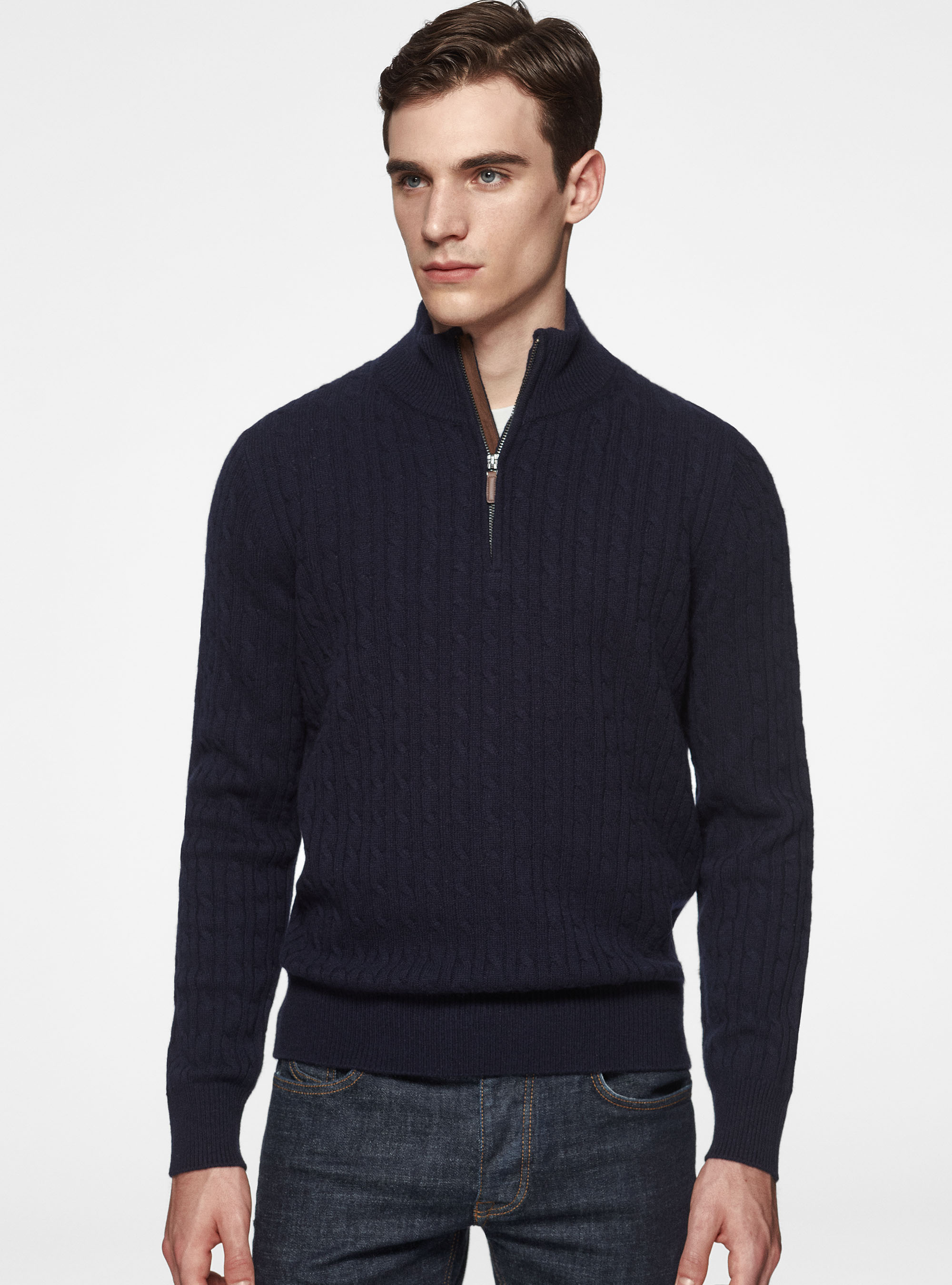 Maglia mock neck in lana e cashmere con trecce, BLU NAVY
