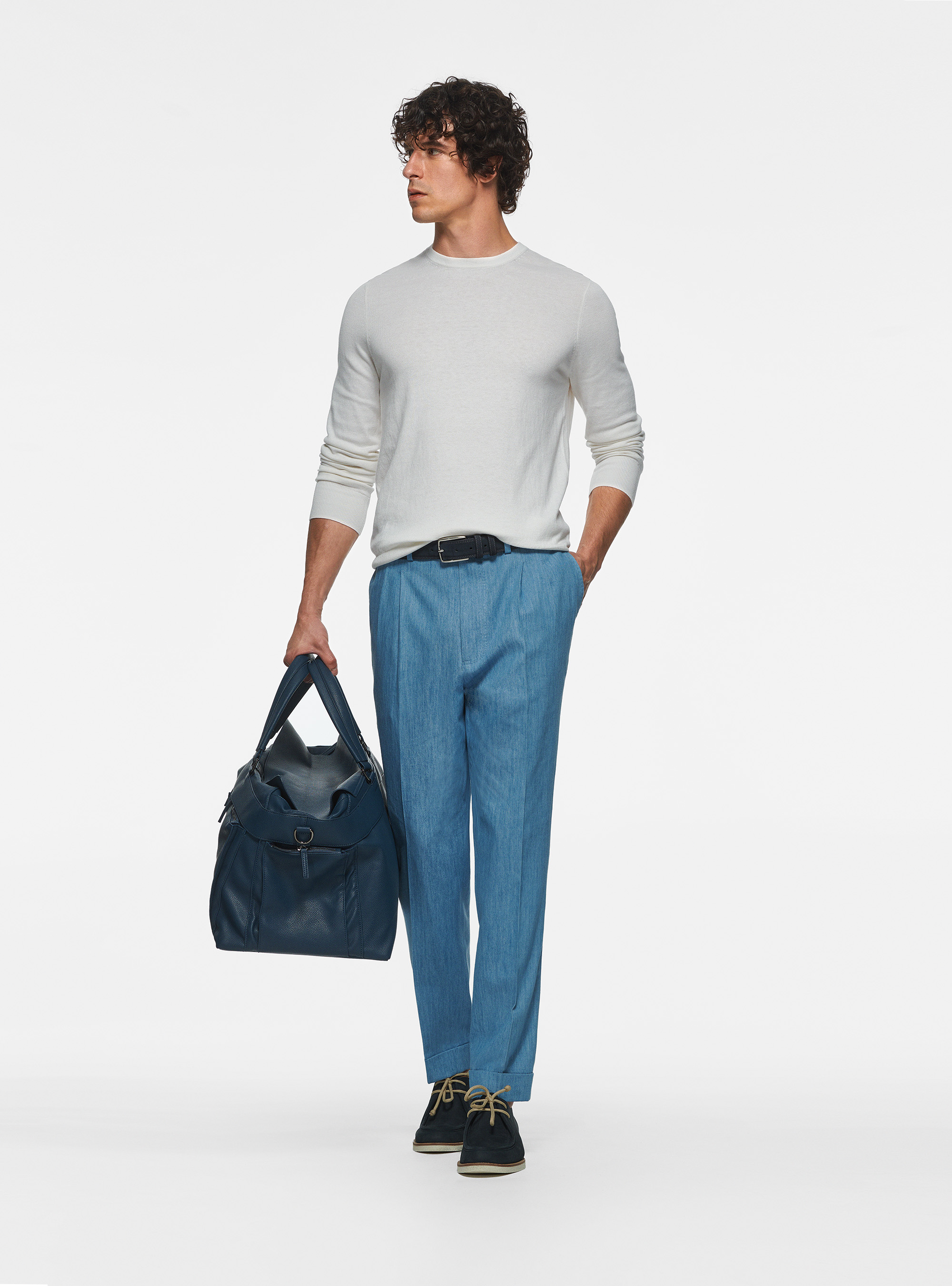 Round-neck sweater in cotton silk and cashmere, WHITE