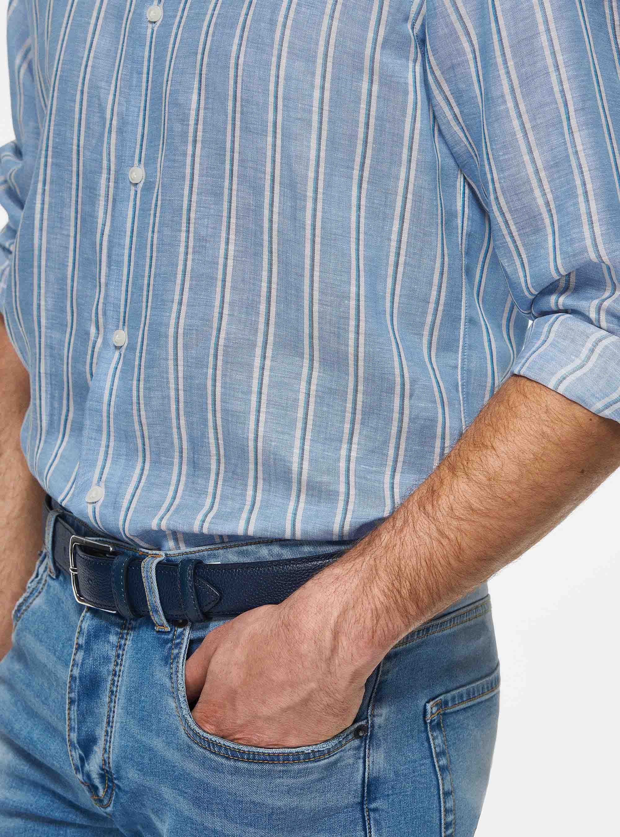 Camicia rigata in misto lino, AZZURRO