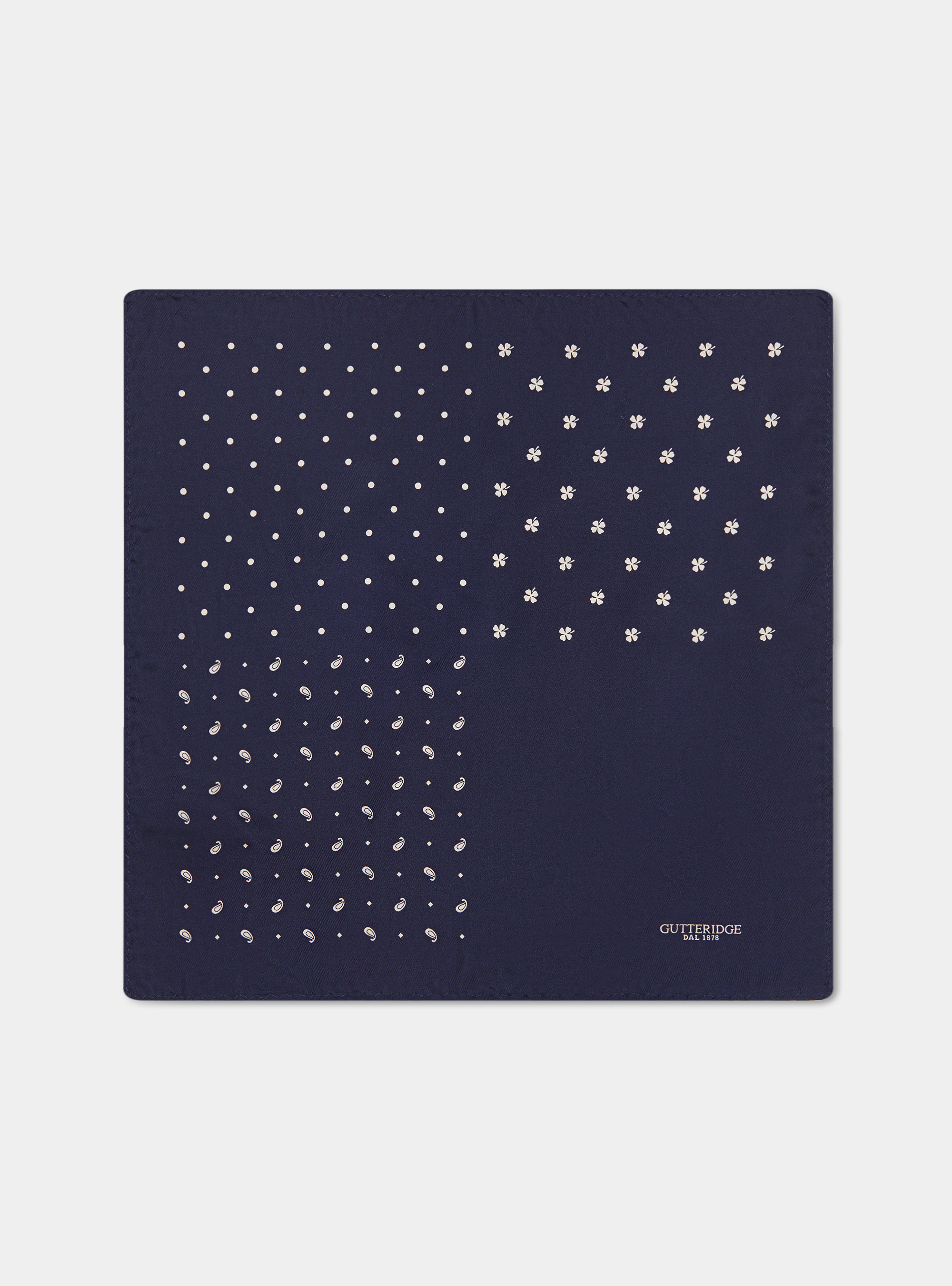 Printed patterned silk pocket square, NAVY BLUE