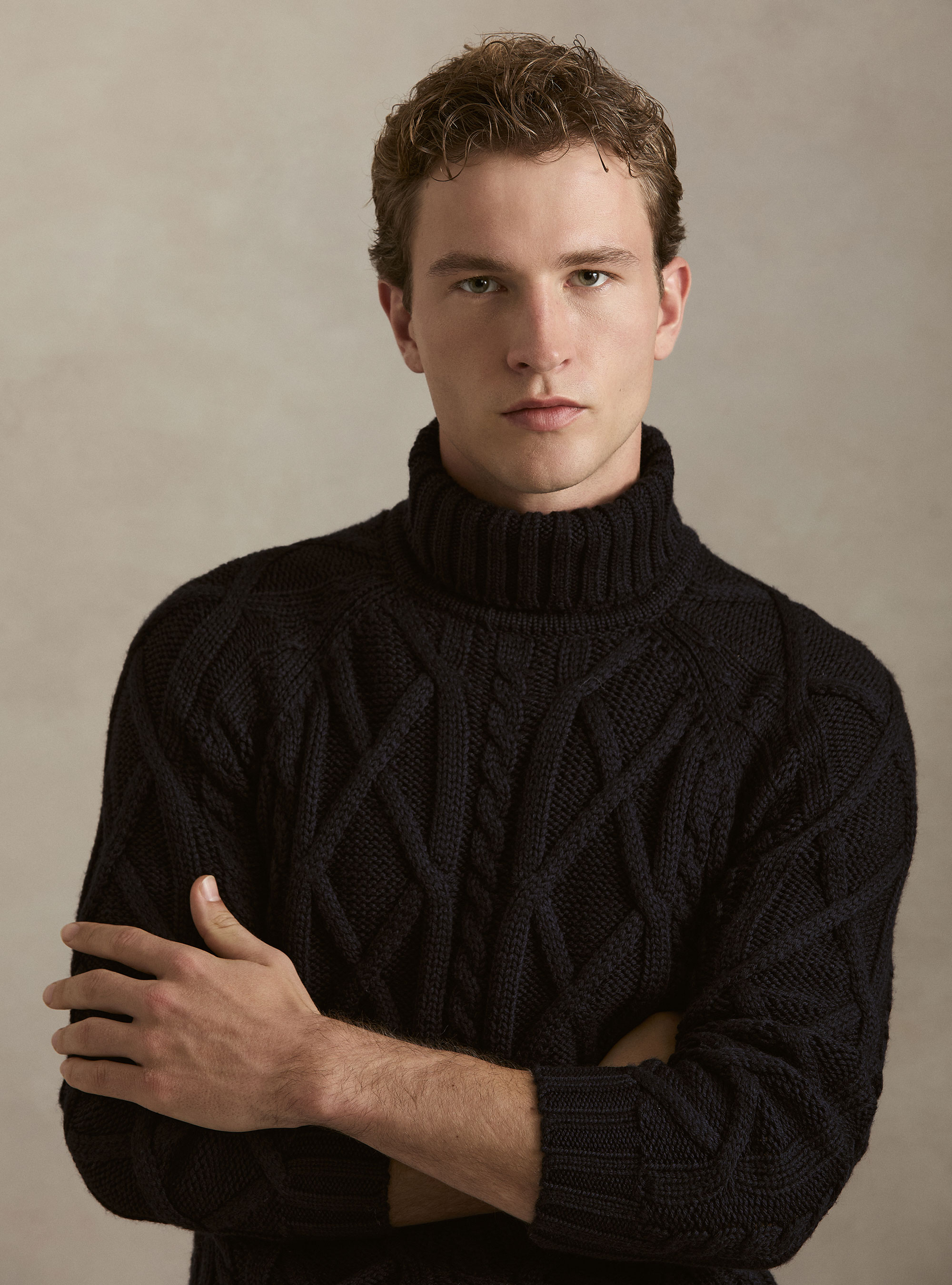 Cable Knit Wool Blend Turtleneck, NAVY BLUE