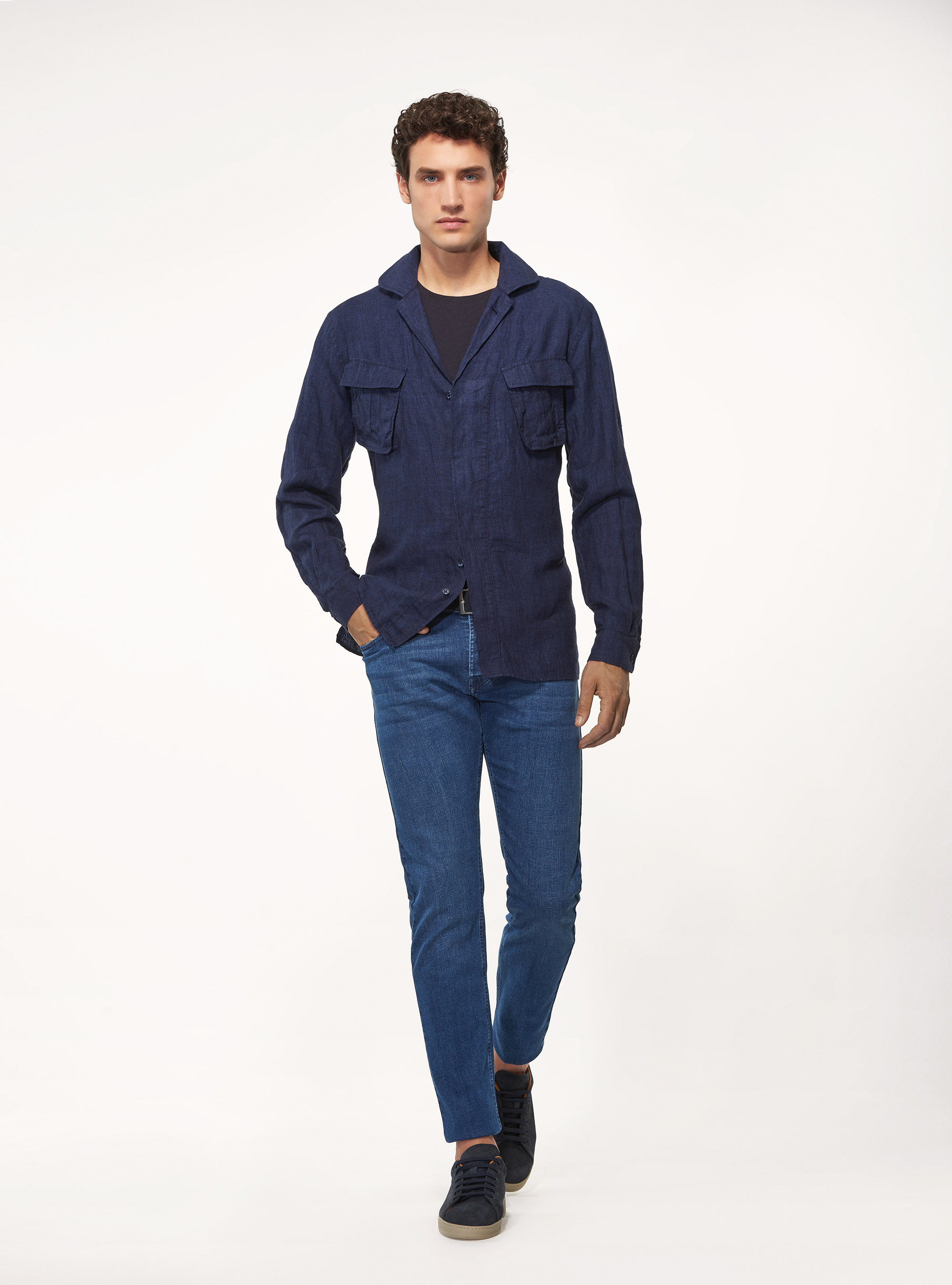 Giacca camicia in 100% lino, BLU NAVY