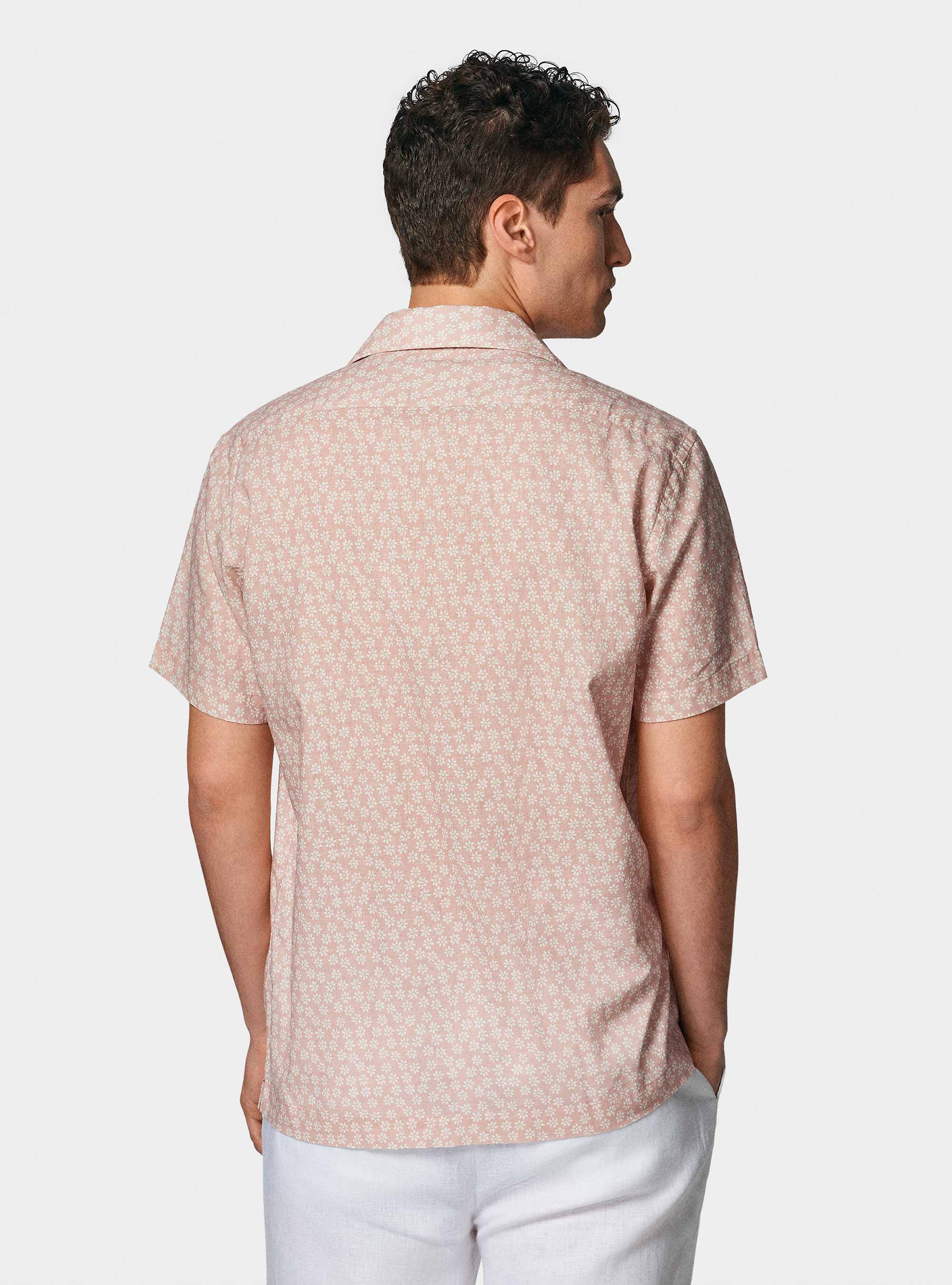 Bowling shirt in linen and printed cotton, ROSA CHIARO 0466C