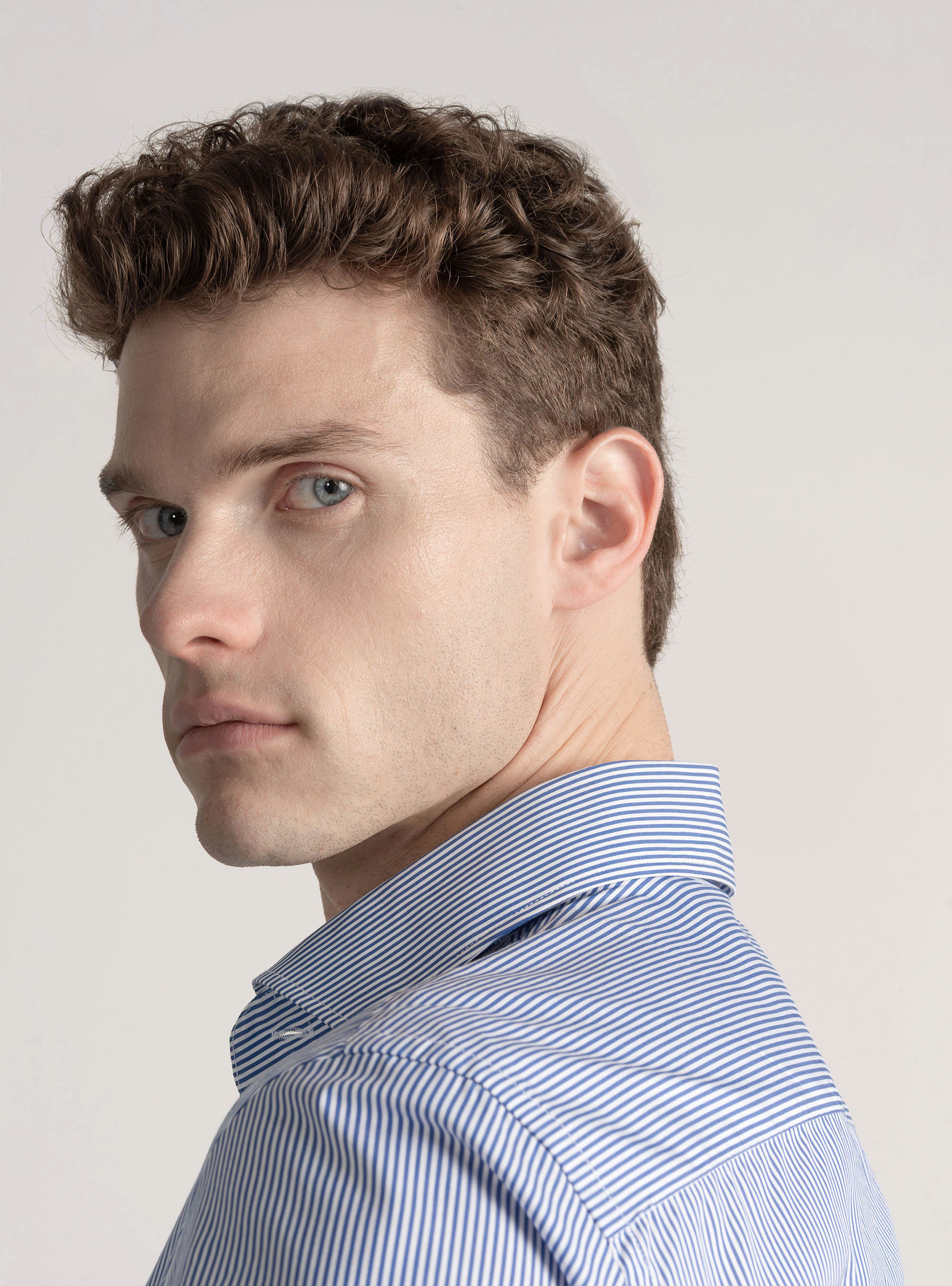 Camicia in cotone rigato popeline stretch, BLU