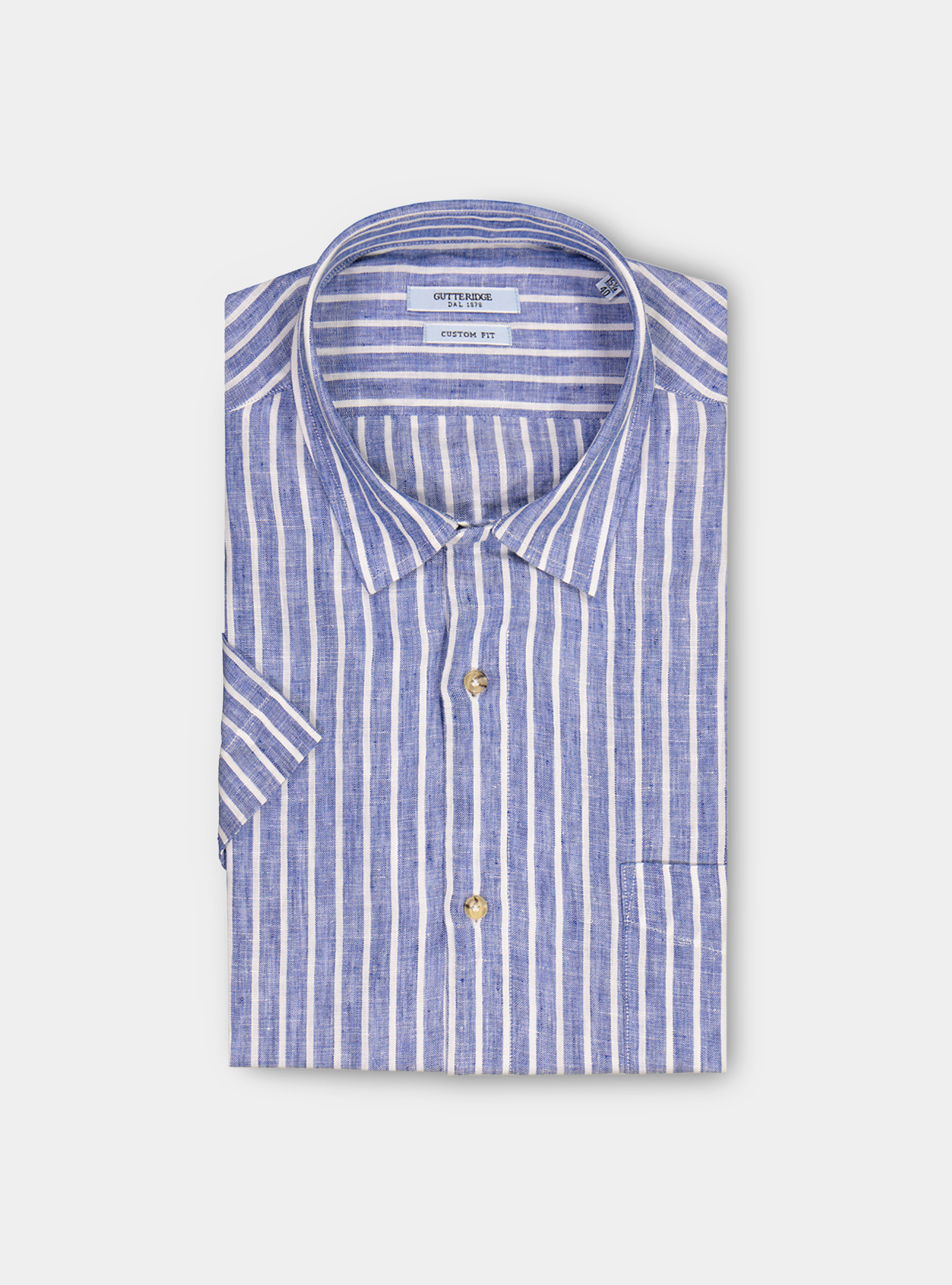 Striped cotton bowling collar shirt, AZUL MEDIO