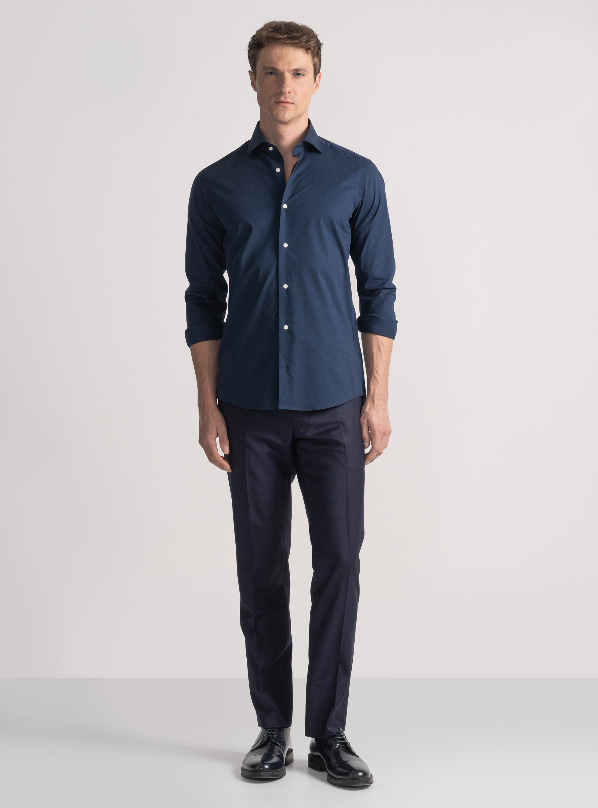 Camicia in cotone popeline stretch, BLU NAVY