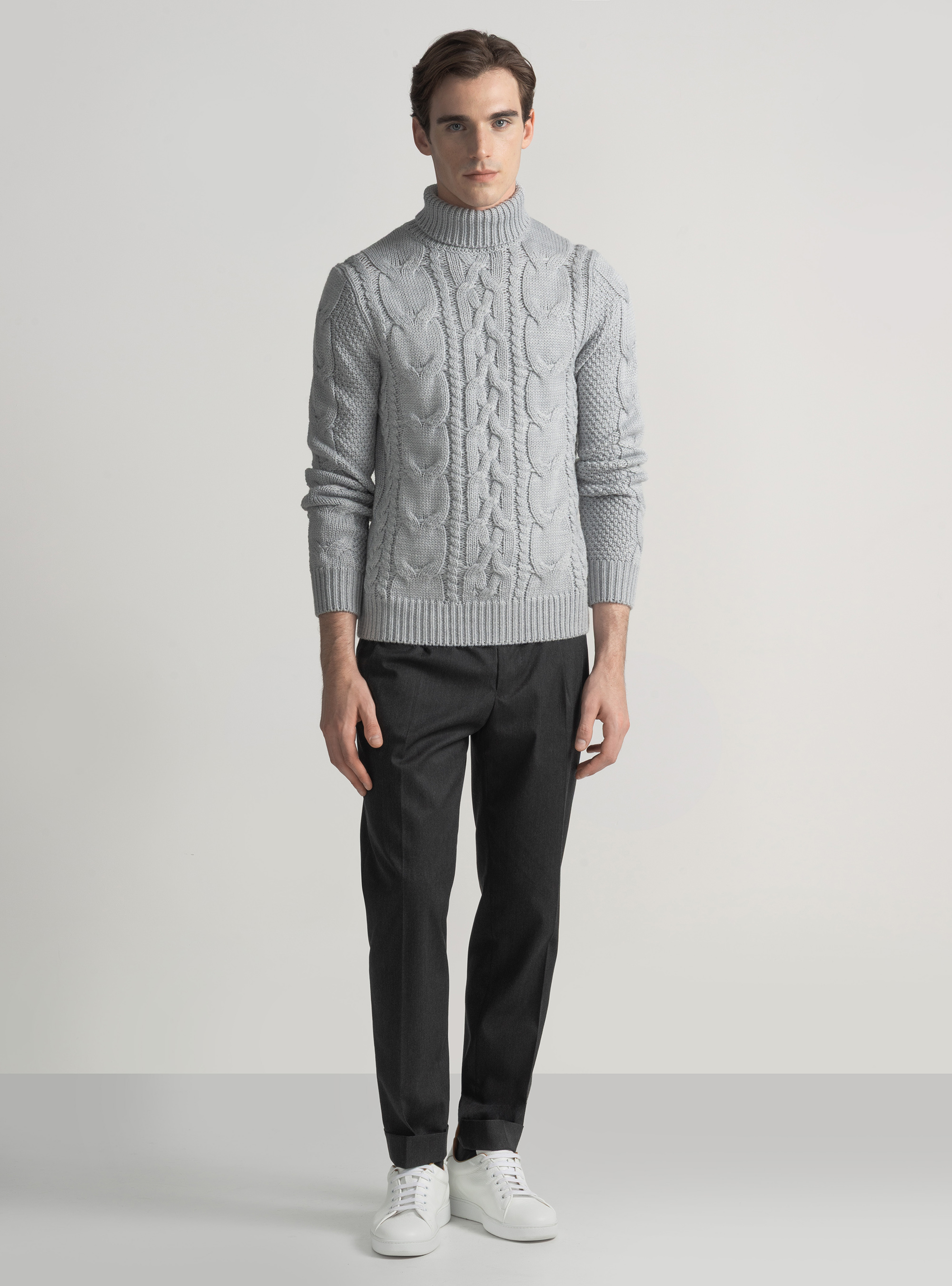 Maglia collo alto con treccione in misto lana, GRIGIO CHIARO MELANGE