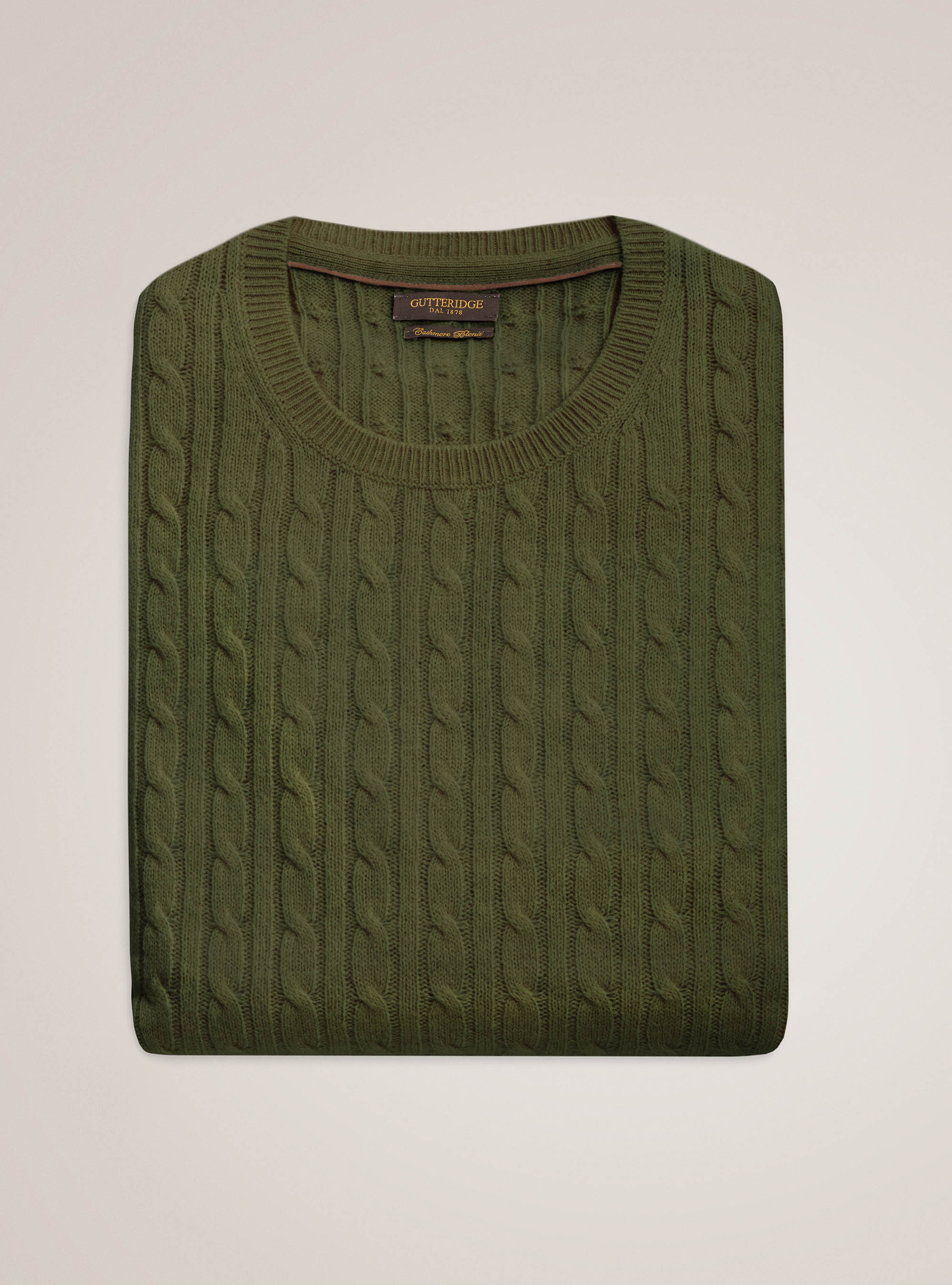 Maglia girocollo in lana lambswool e cashmere con trecce, OLIVA